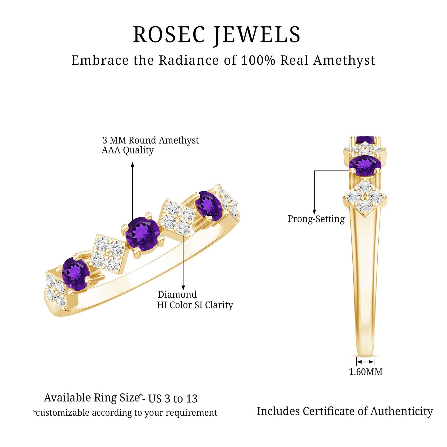 Round Amethyst and Diamond Semi Eternity Band Ring