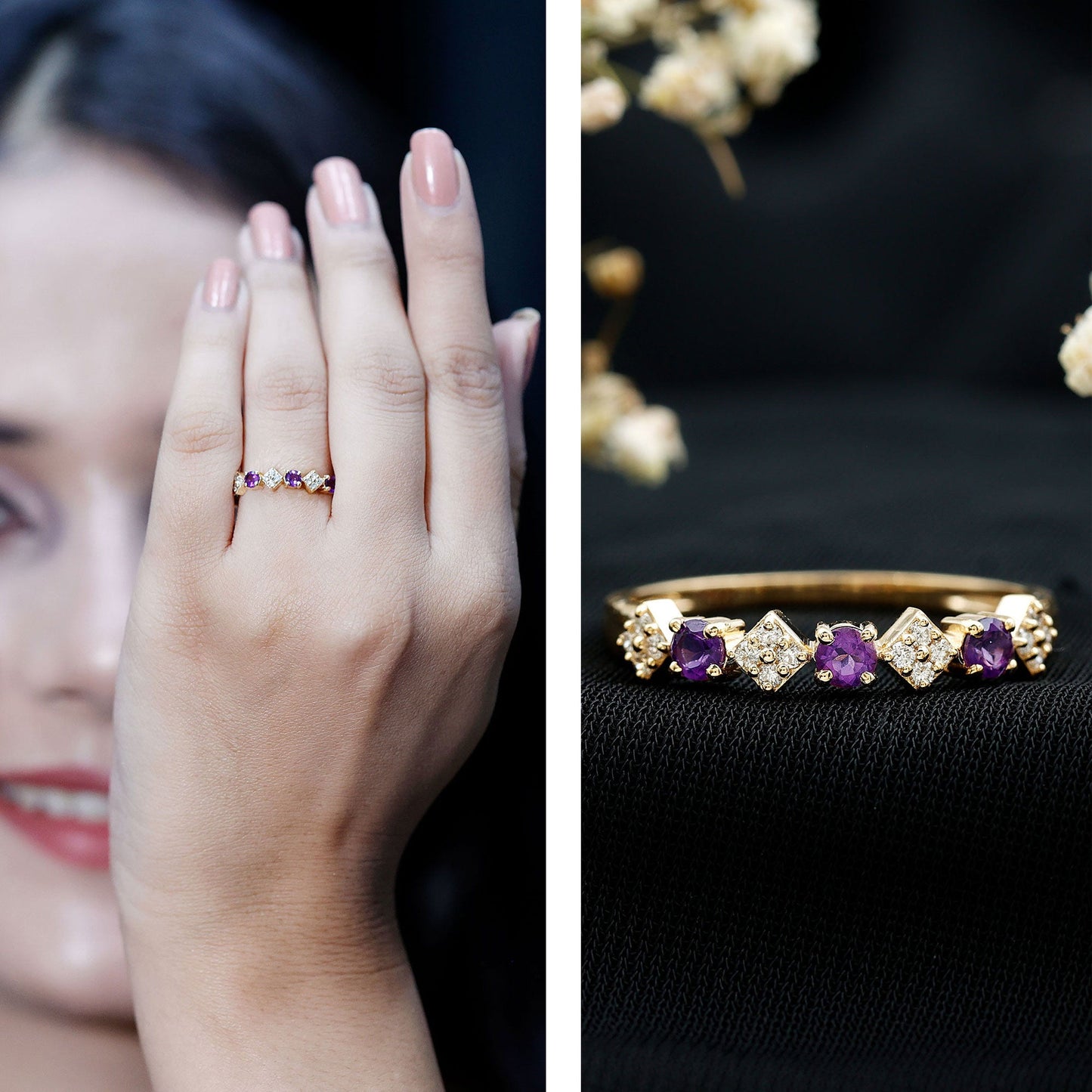 Round Amethyst and Diamond Semi Eternity Band Ring