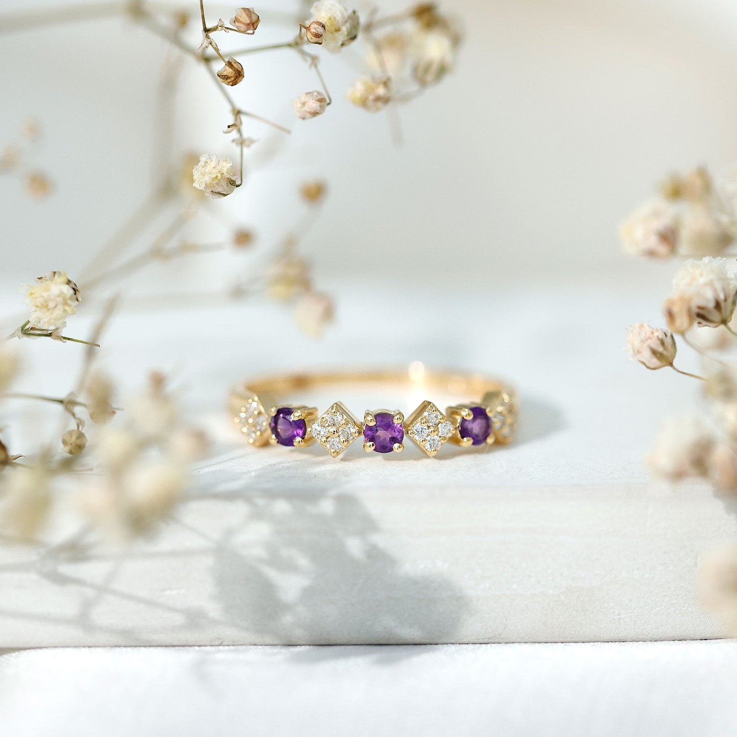 Round Amethyst and Diamond Semi Eternity Band Ring