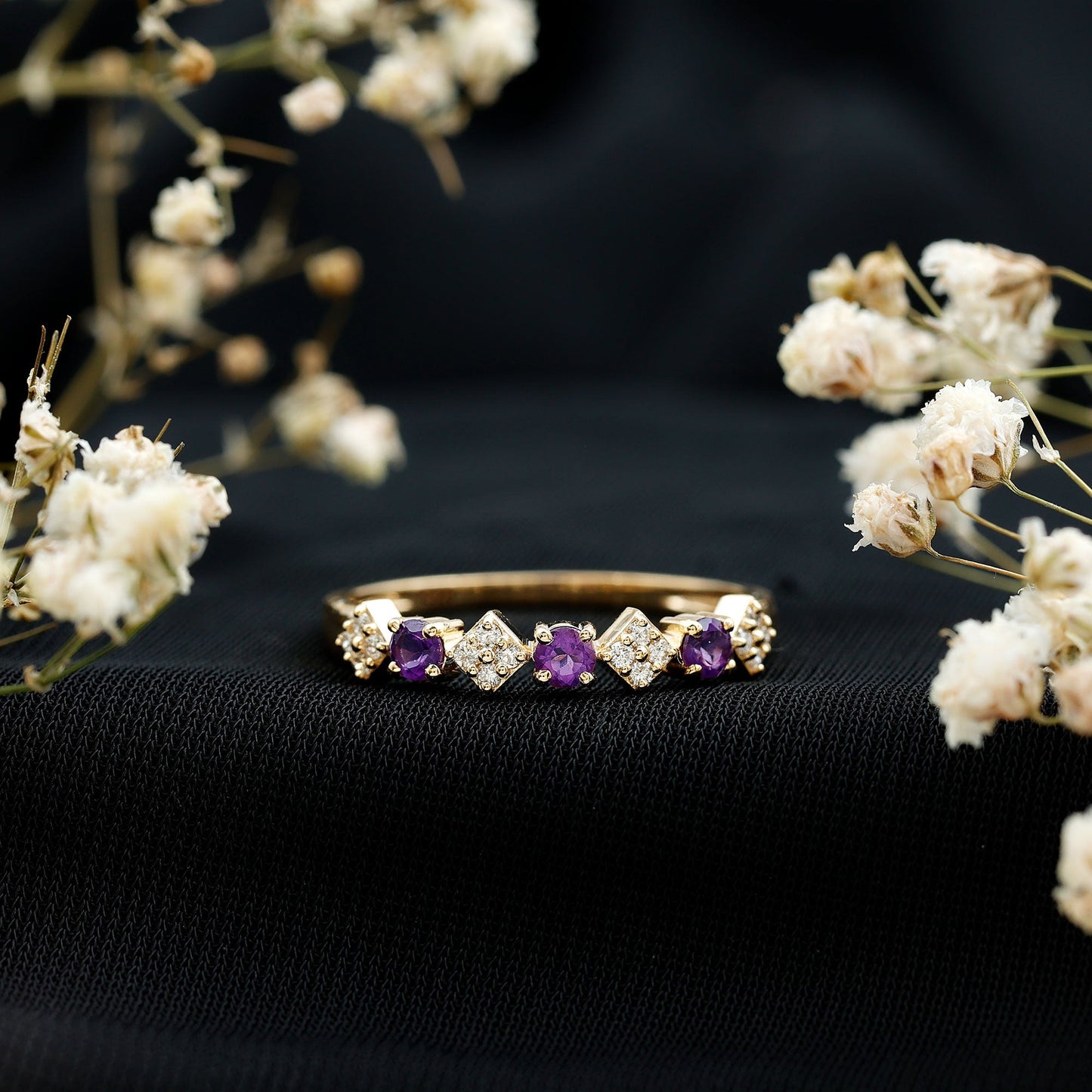 Round Amethyst and Diamond Semi Eternity Band Ring