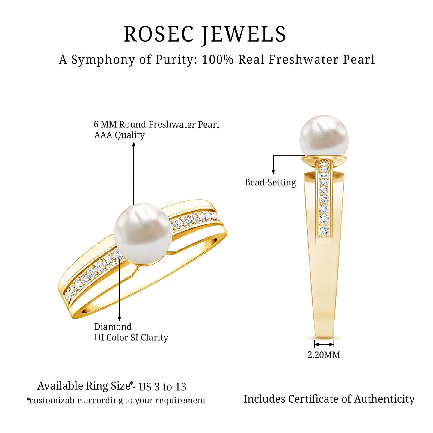 2 Carat Freshwater Pearl Engagement Ring with Diamond for Women