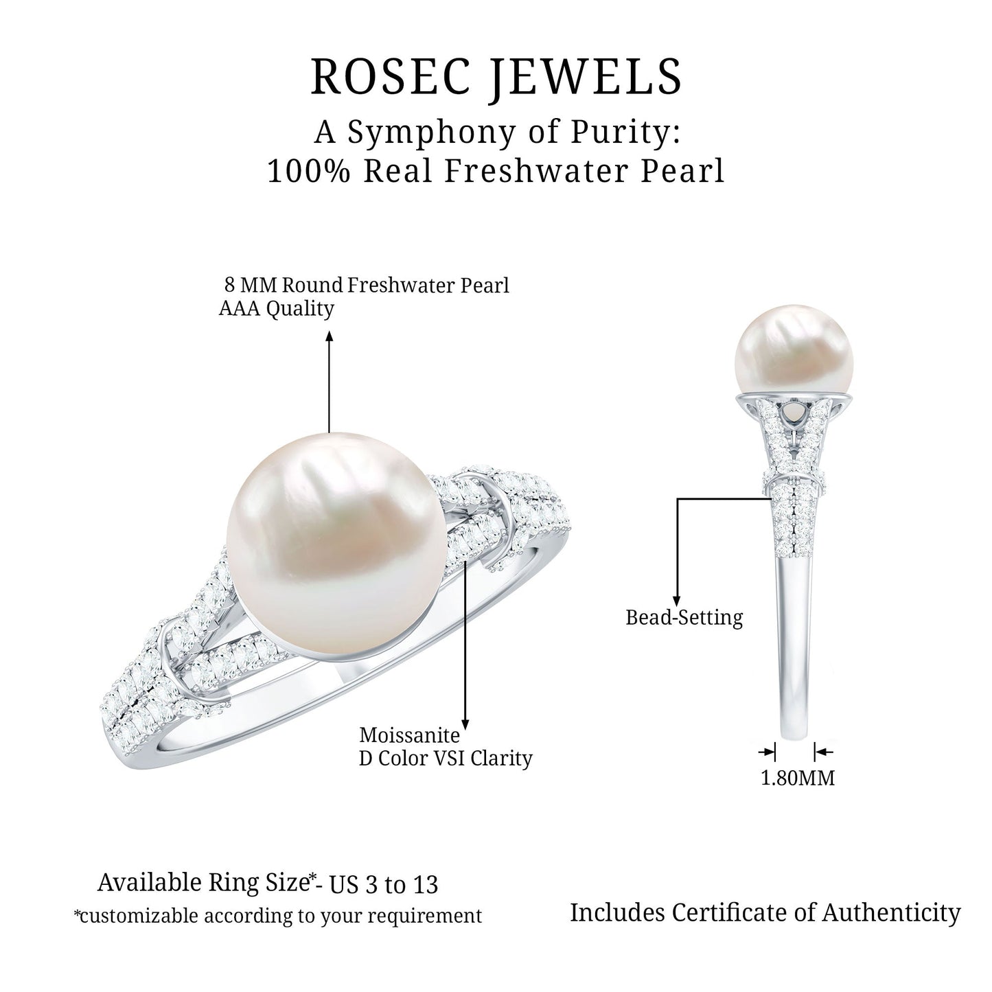 Cultured 7 Carat Freshwater Pearl Engagement Ring with Split Shank