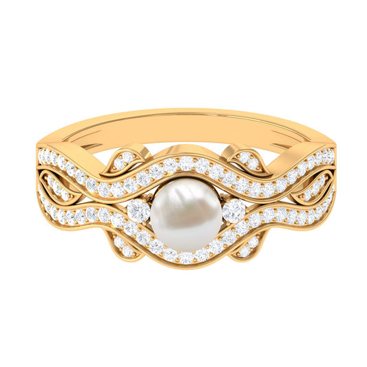 Genuine 2 Carat Pearl Art Deco Engagement Ring with Diamond for Women
