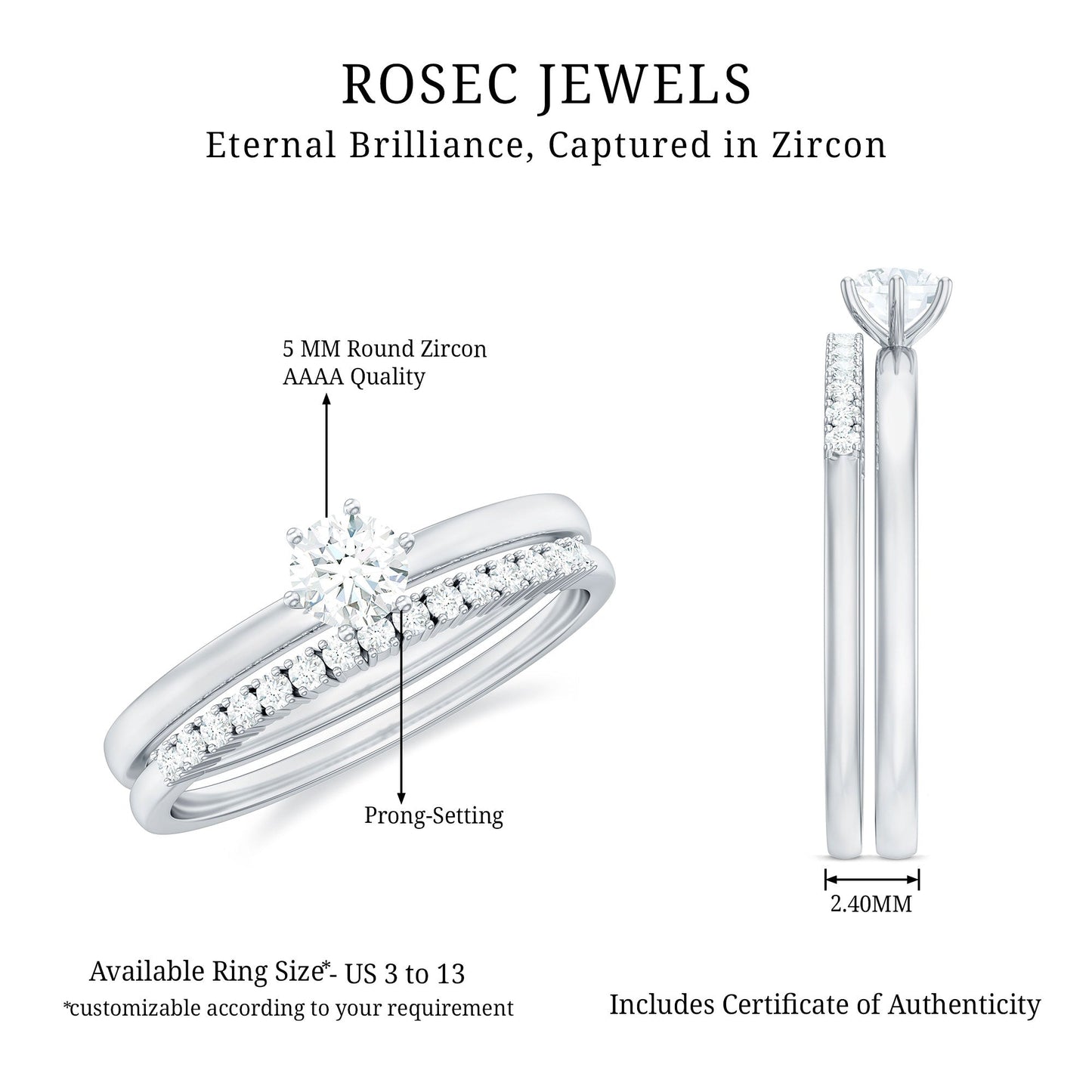 Simple Cubic Zirconia Solitaire Wedding Ring Set for Women
