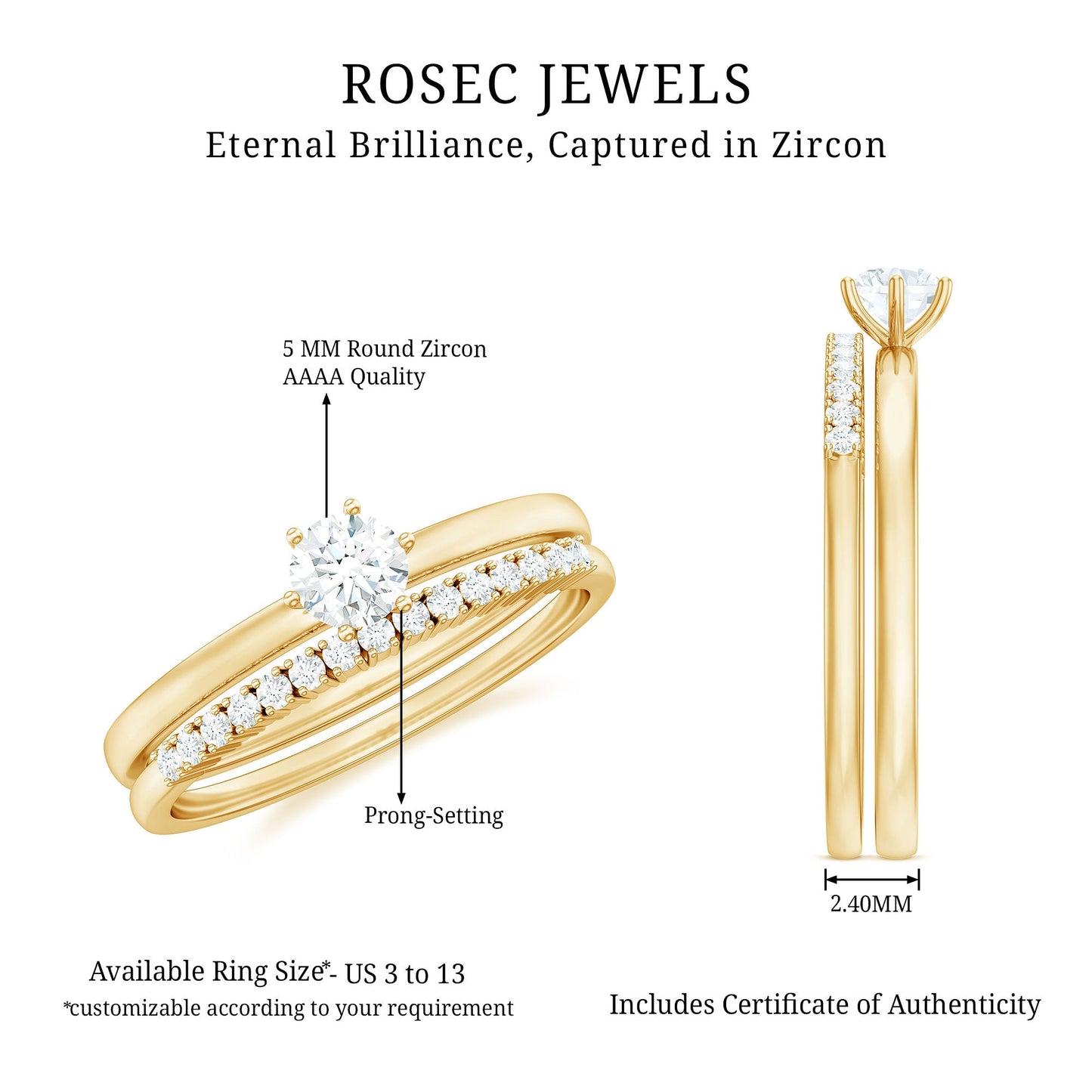 Simple Cubic Zirconia Solitaire Wedding Ring Set for Women