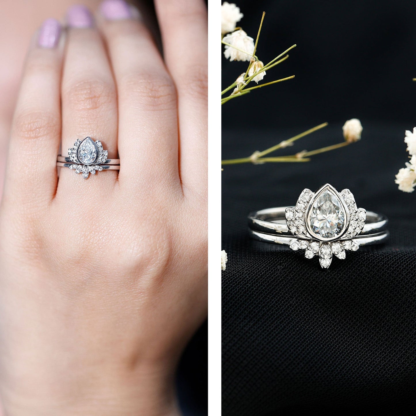 Certified Zircon Lotus Floral Bridal Wedding Ring Set