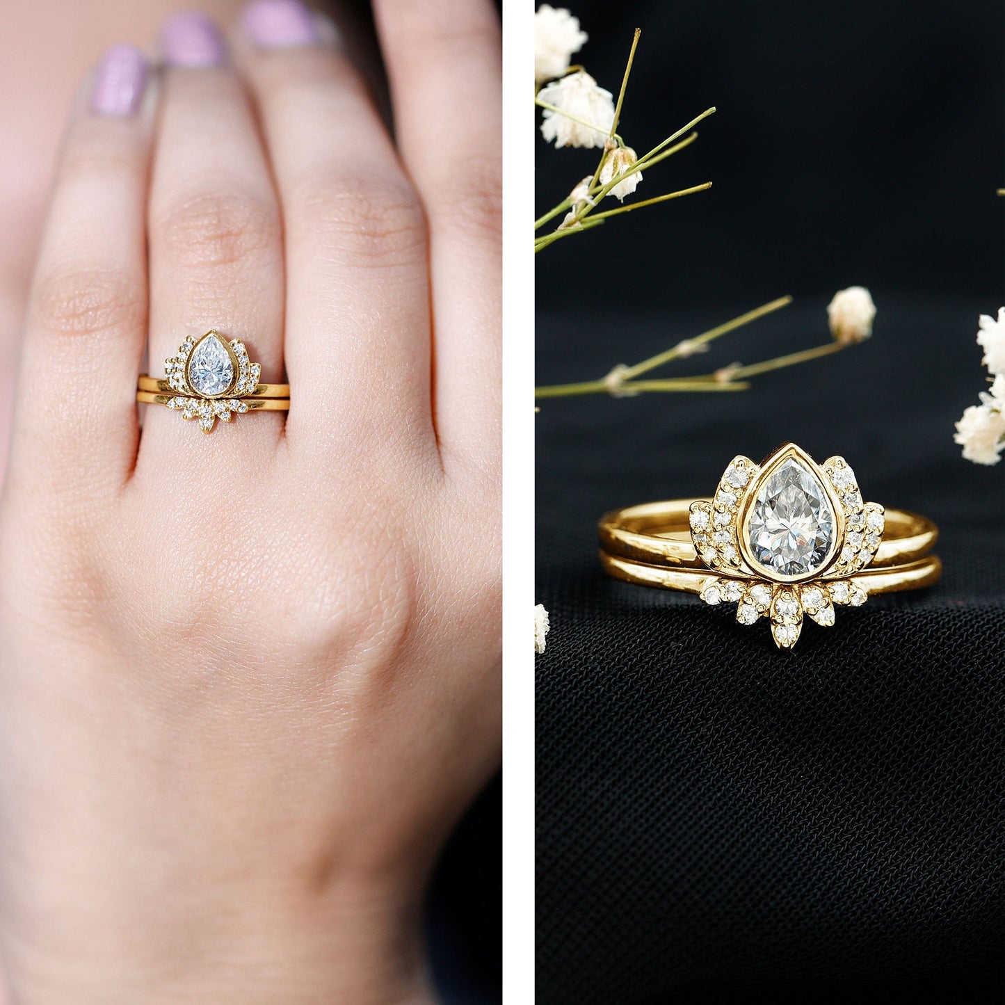 Certified Zircon Lotus Floral Bridal Wedding Ring Set