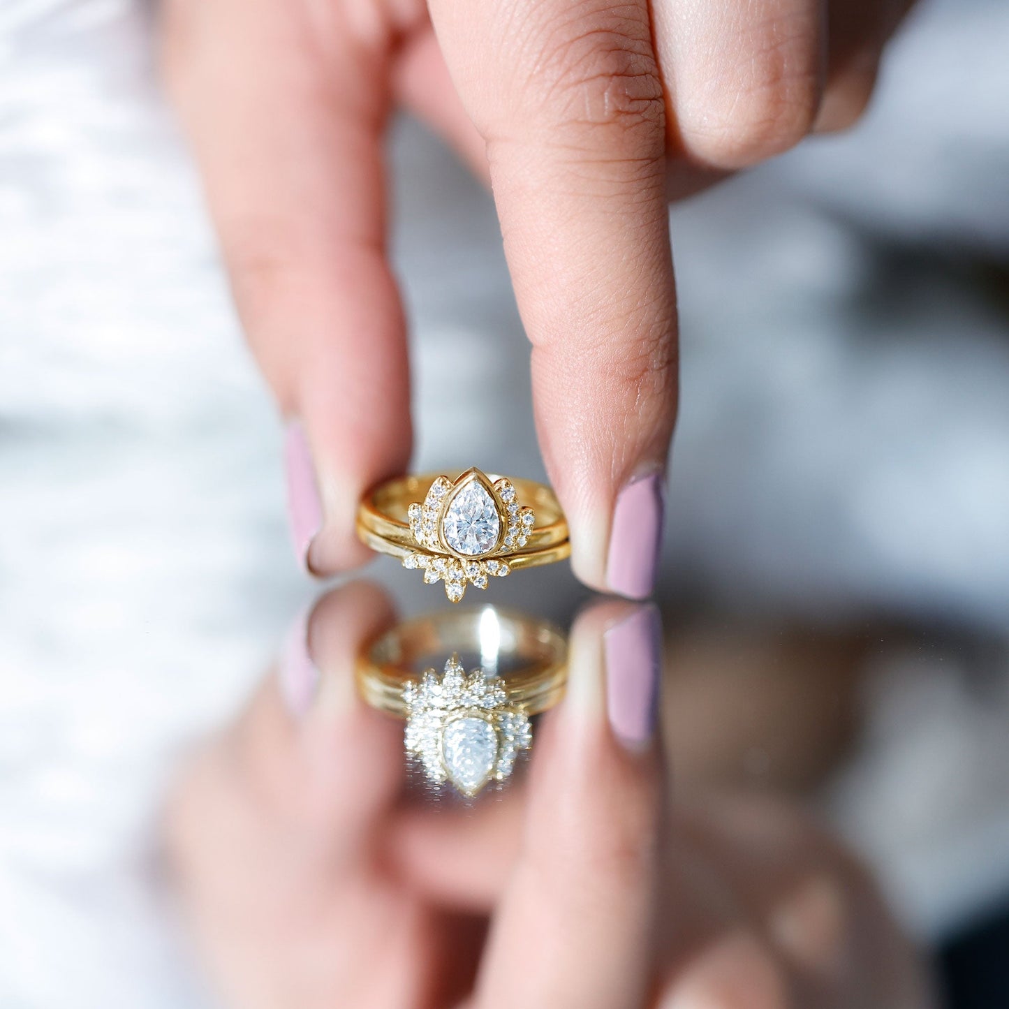 Certified Zircon Lotus Floral Bridal Wedding Ring Set