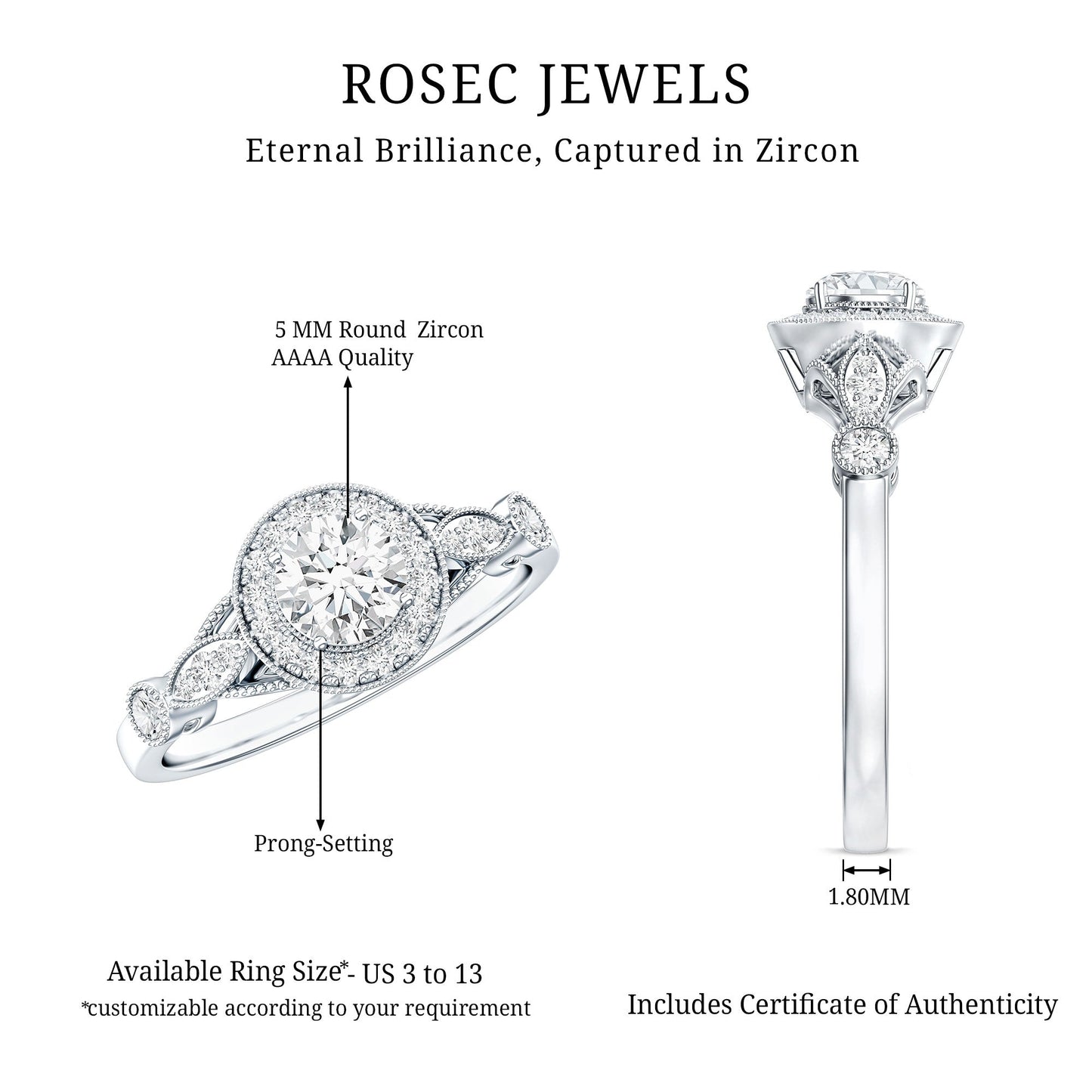 Antique Inspired Zircon Halo Engagement Ring