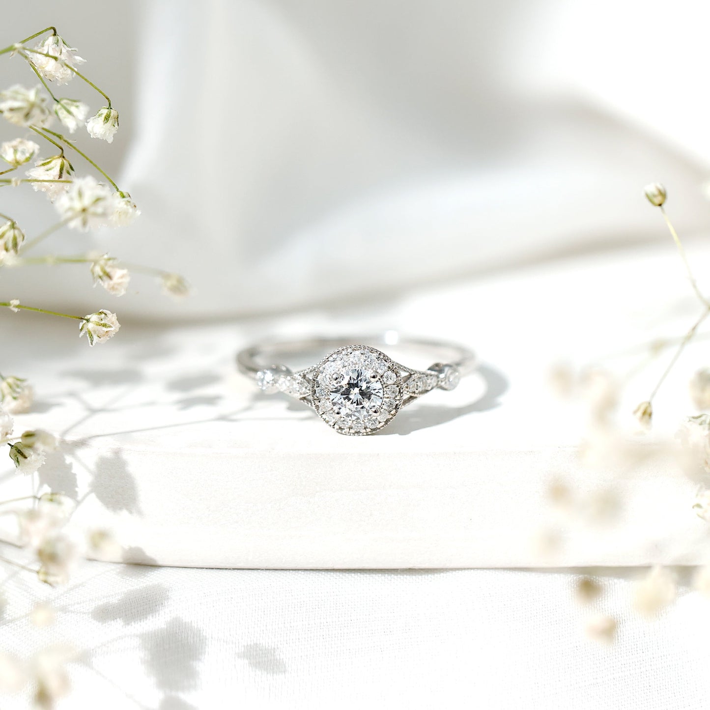 Antique Inspired Zircon Halo Engagement Ring