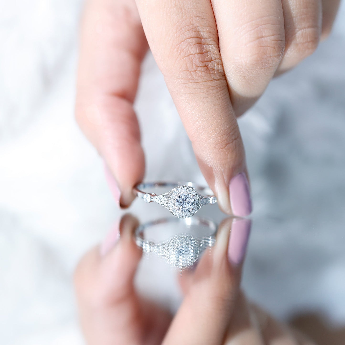 Antique Inspired Zircon Halo Engagement Ring
