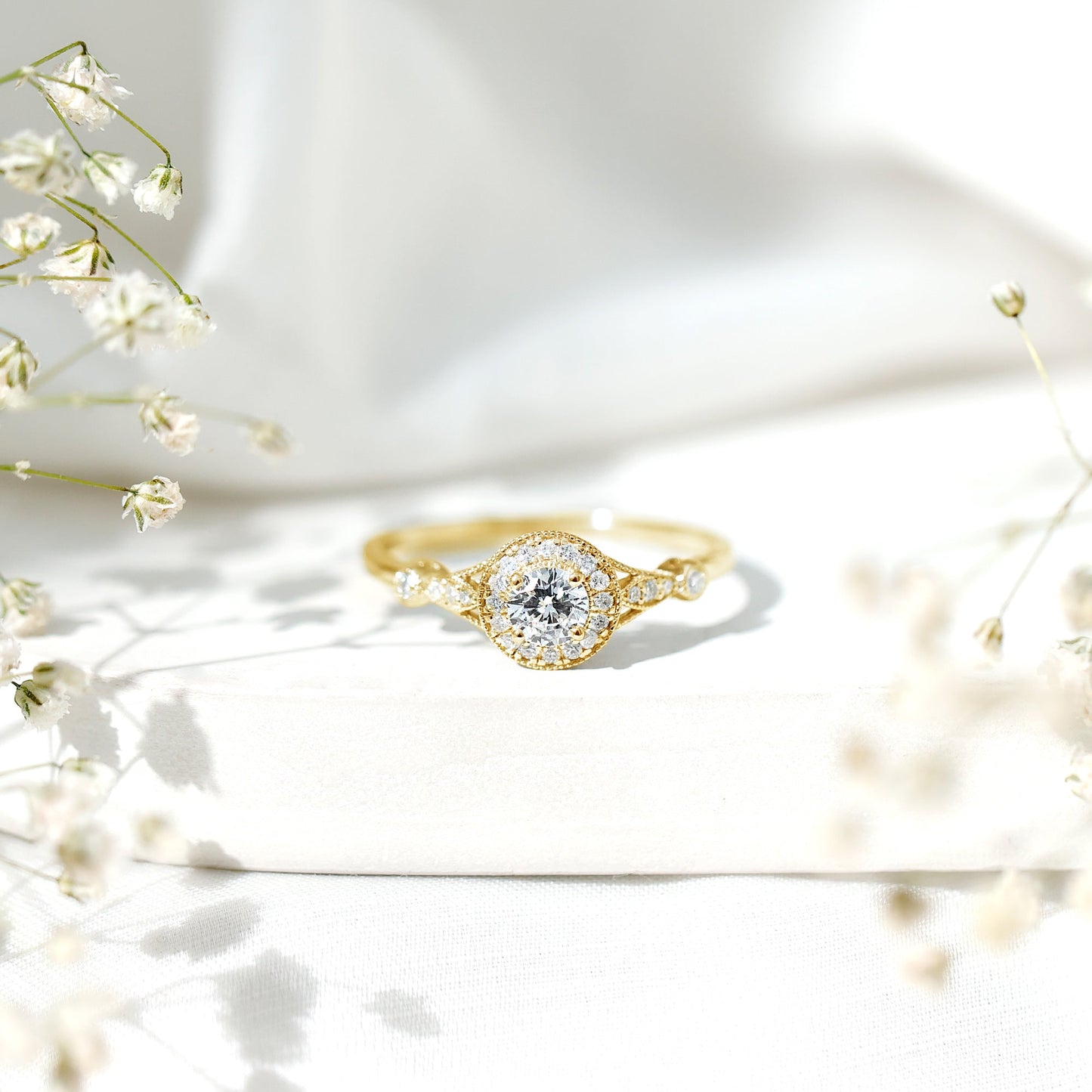 Antique Inspired Zircon Halo Engagement Ring