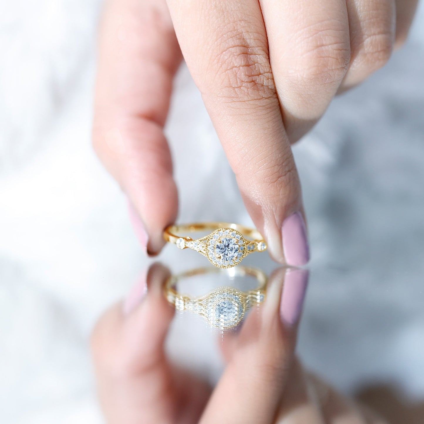 Antique Inspired Zircon Halo Engagement Ring