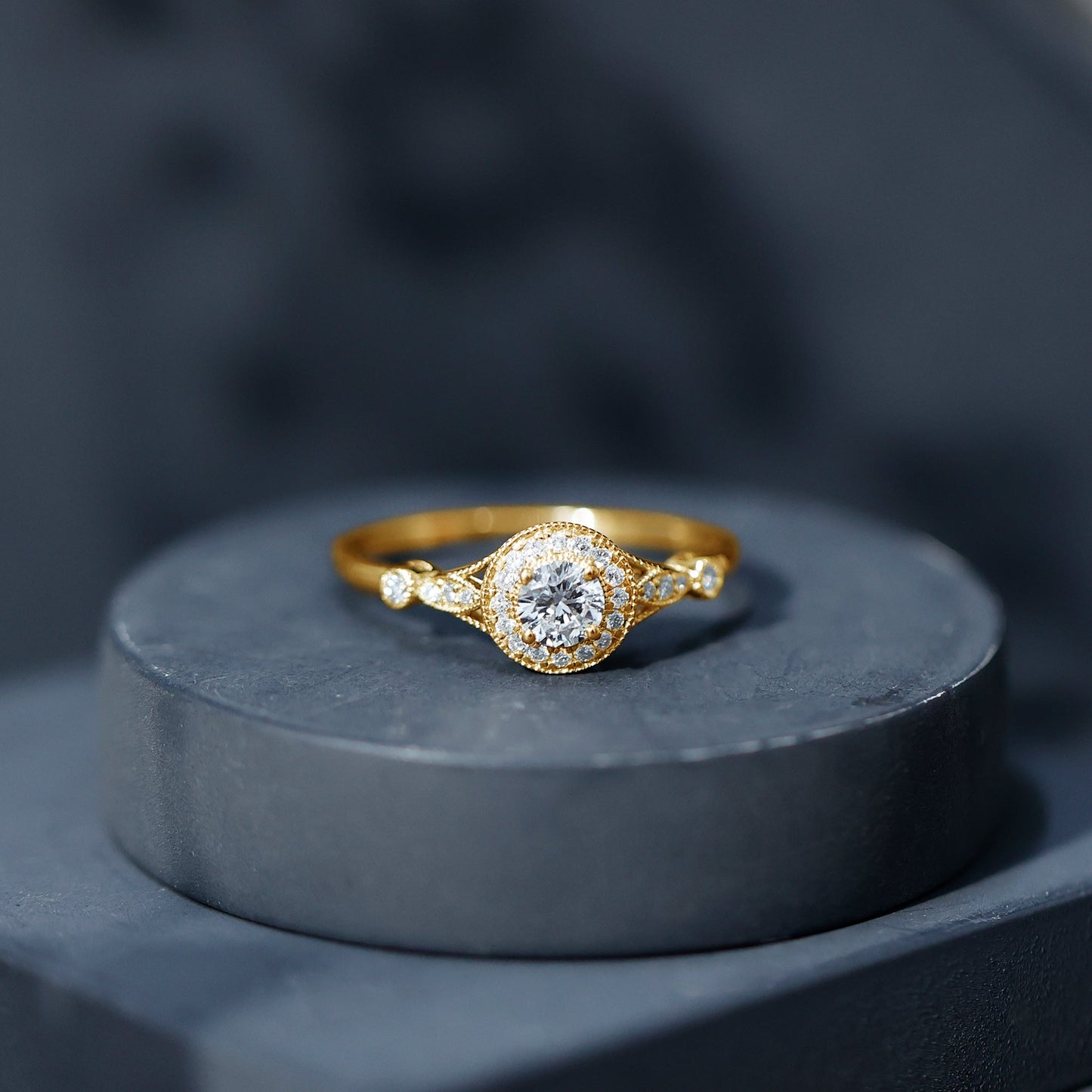 Antique Inspired Zircon Halo Engagement Ring