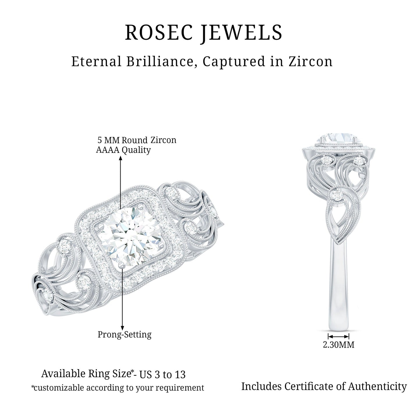 Zircon Vintage Inspired Halo Engagement Ring