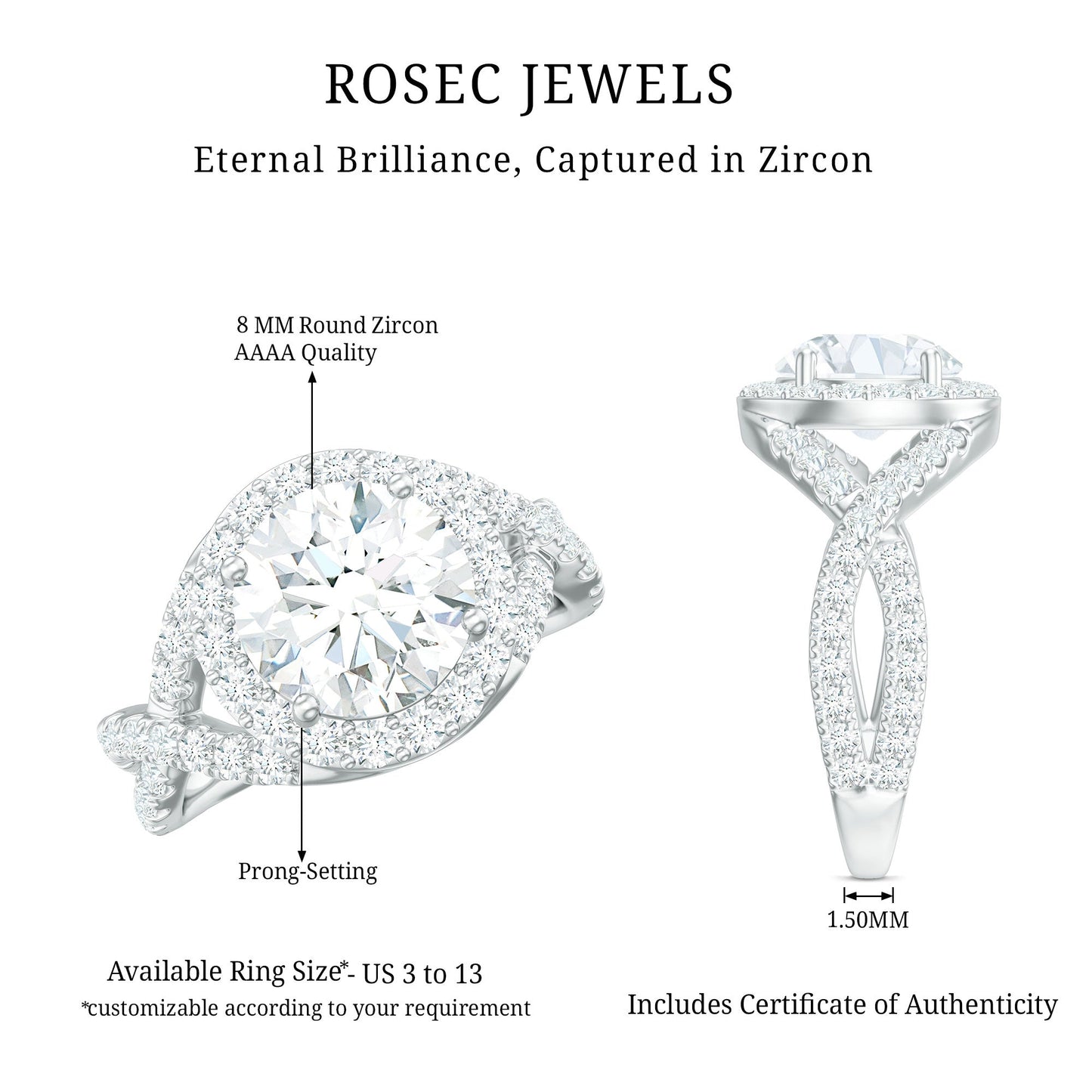 2 Carat Round Shape Zircon Crossover Engagement Ring