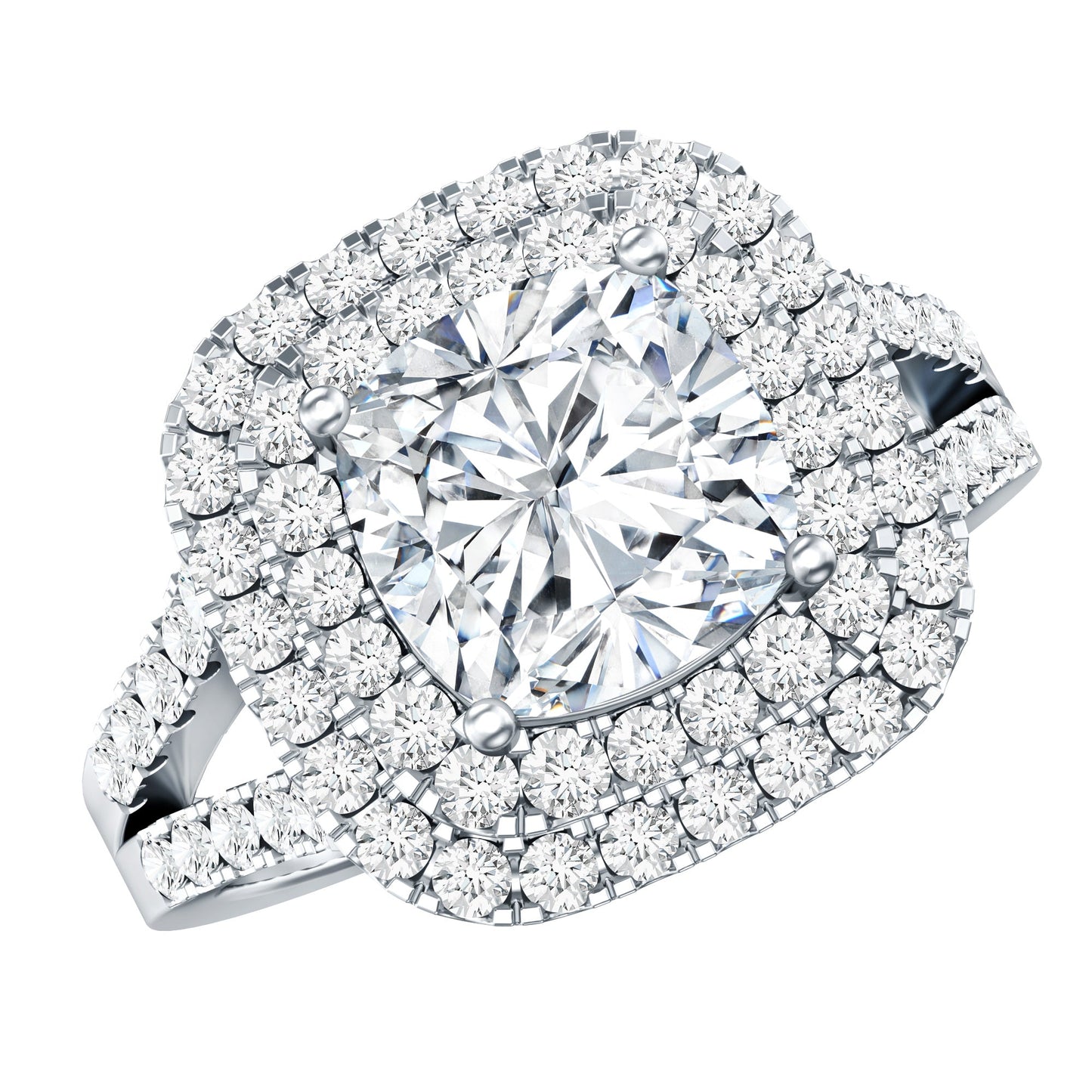Vintage Style Cubic Zirconia Double Halo Engagement Ring with Split Shank