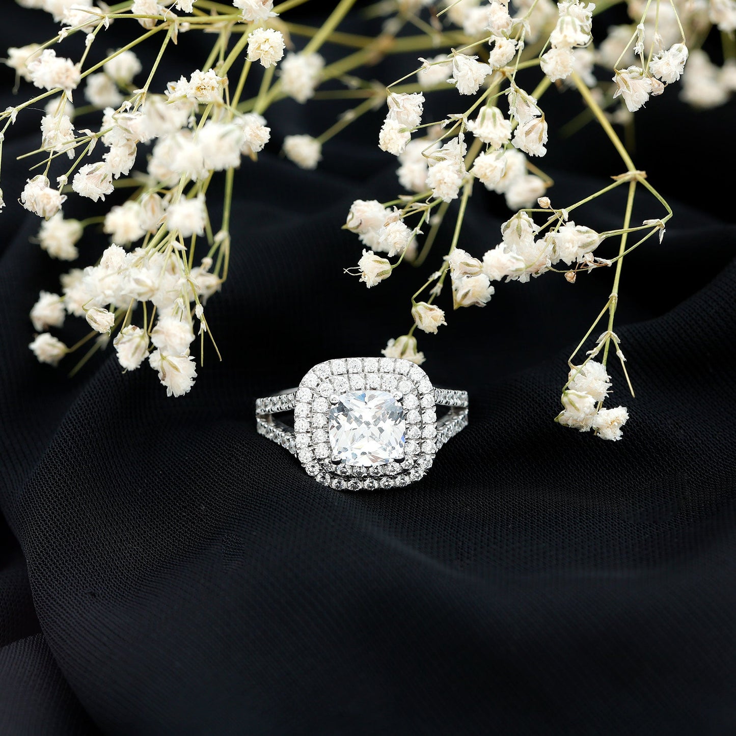 Vintage Style Cubic Zirconia Double Halo Engagement Ring with Split Shank
