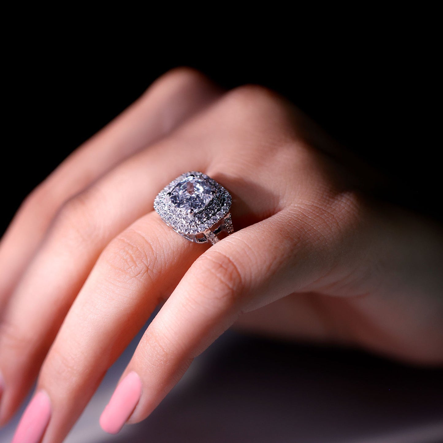Vintage Style Cubic Zirconia Double Halo Engagement Ring with Split Shank