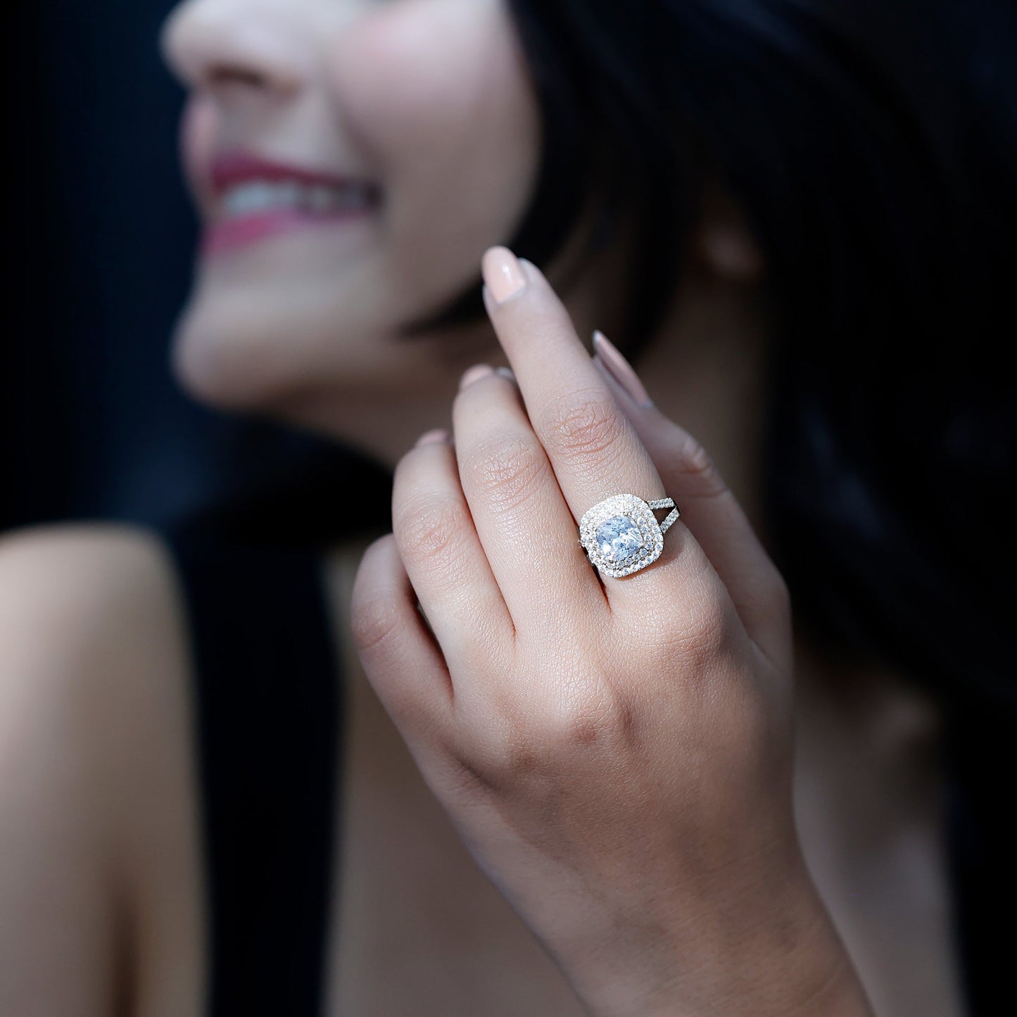 Vintage Style Cubic Zirconia Double Halo Engagement Ring with Split Shank