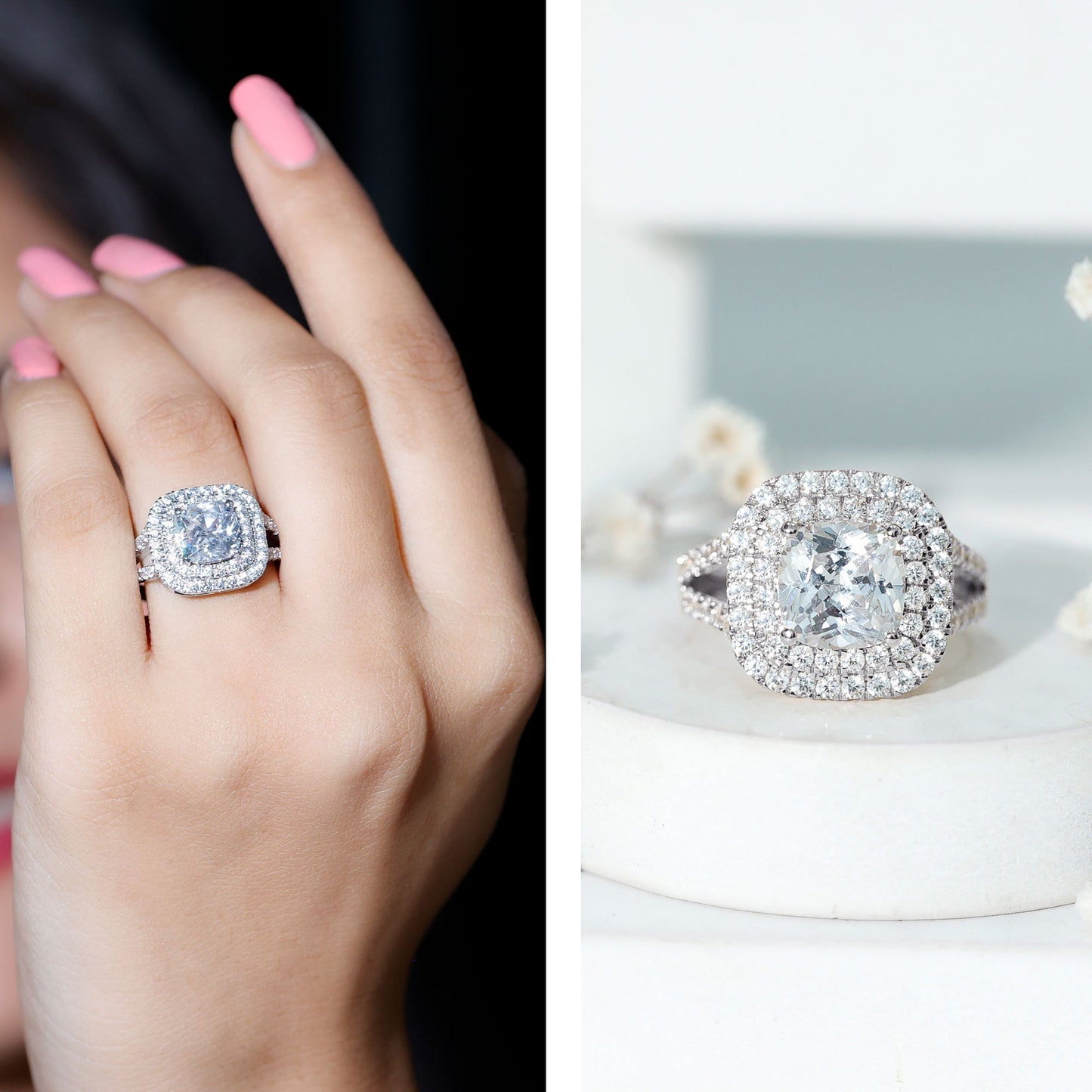 Vintage Style Cubic Zirconia Double Halo Engagement Ring with Split Shank
