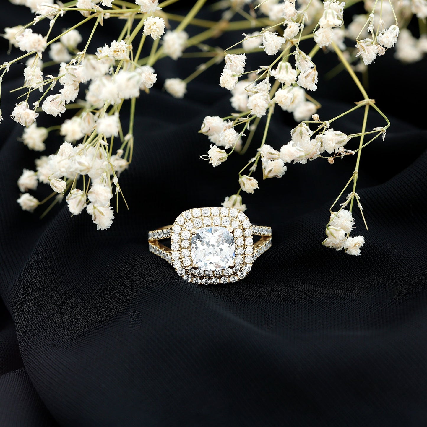 Vintage Style Cubic Zirconia Double Halo Engagement Ring with Split Shank
