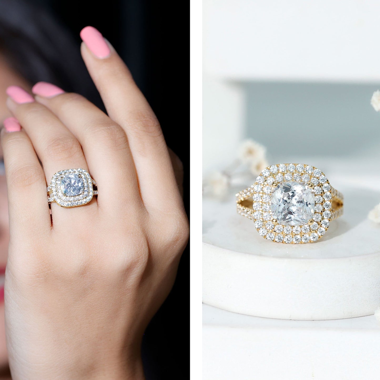 Vintage Style Cubic Zirconia Double Halo Engagement Ring with Split Shank
