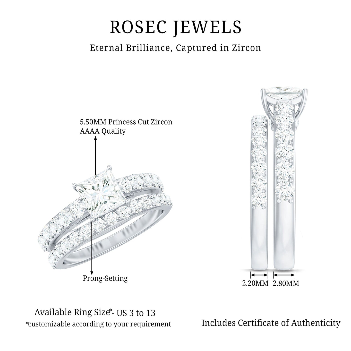 Princess Cut Zircon Wedding Ring Set with Enhancer Band