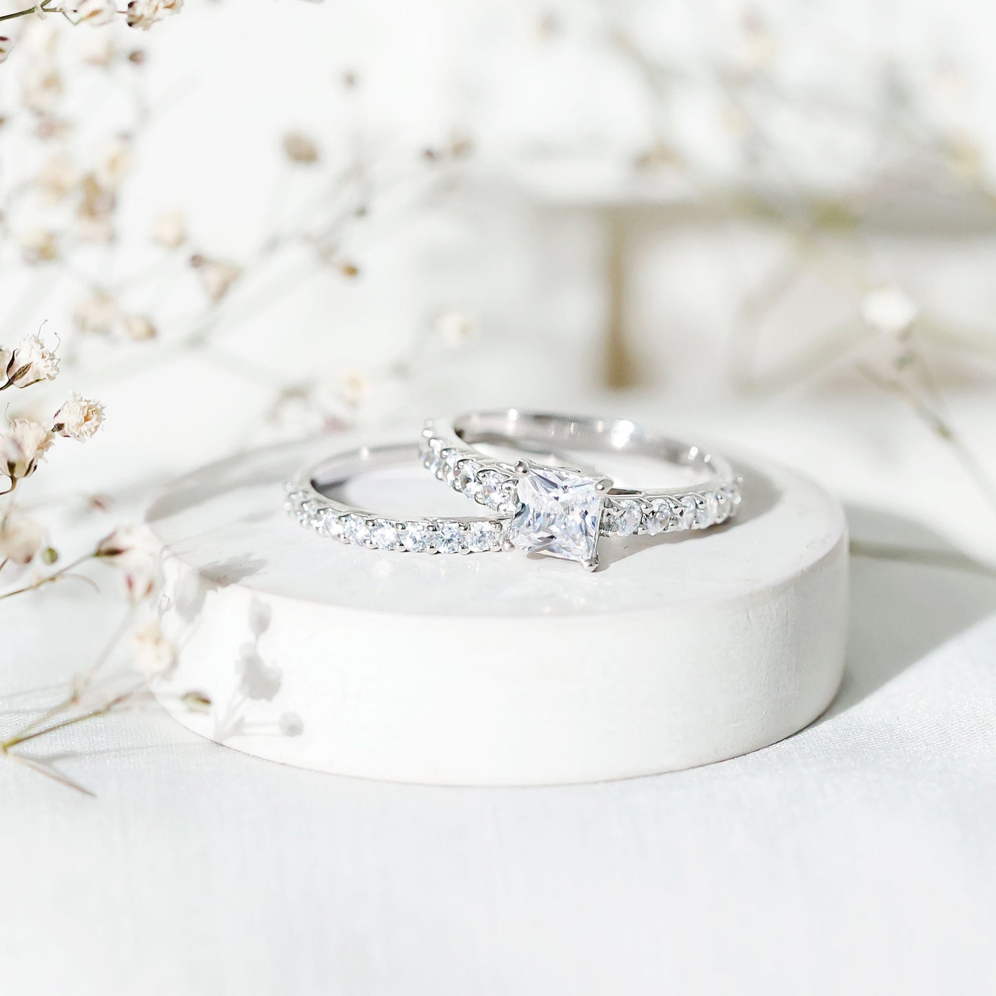 Princess Cut Zircon Wedding Ring Set with Enhancer Band