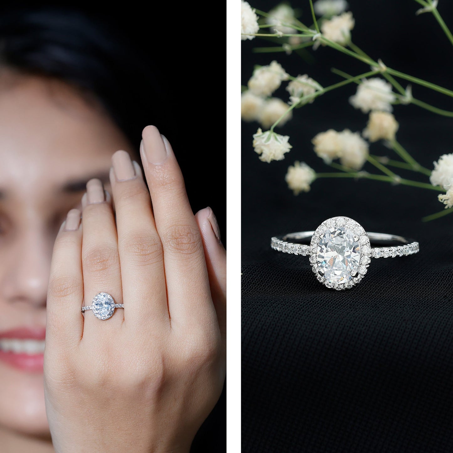 Oval Zircon Halo Engagement Ring