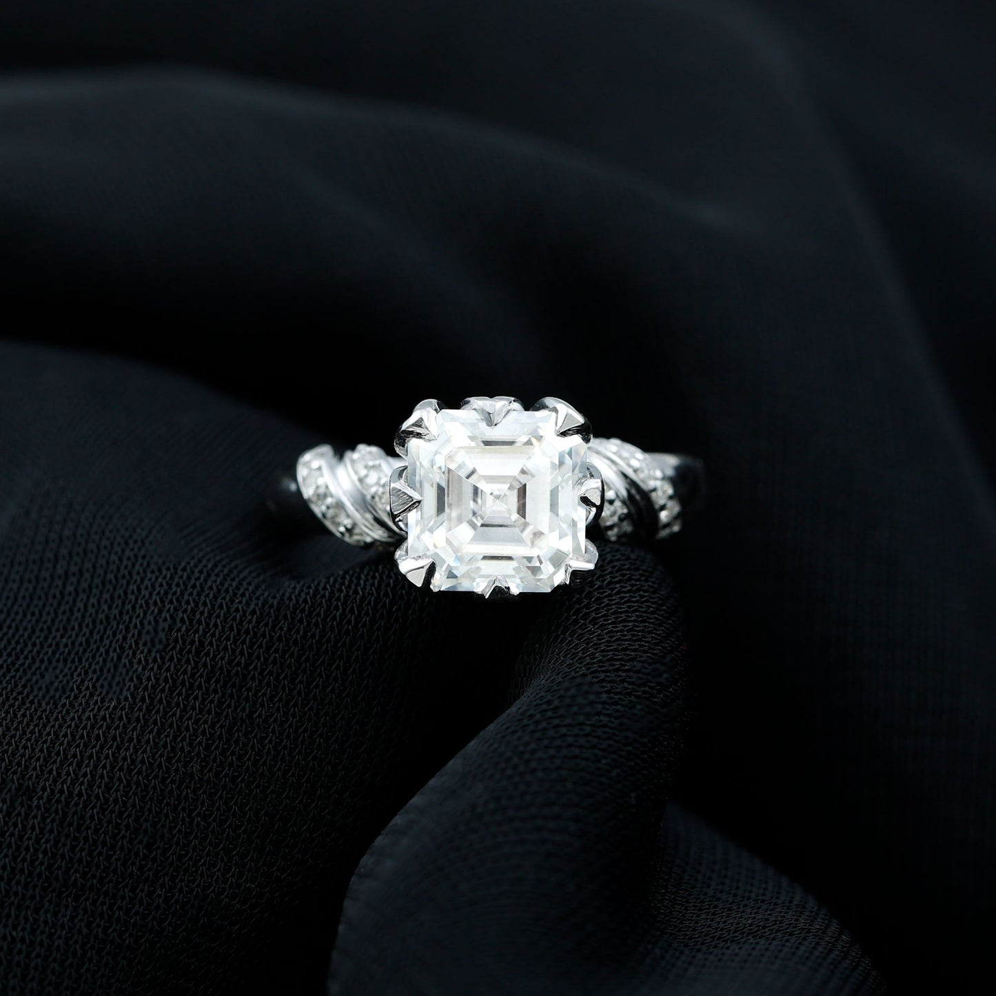 3.5 CT Asscher Zircon Designer Solitaire Engagement Ring in Petal Prong Setting