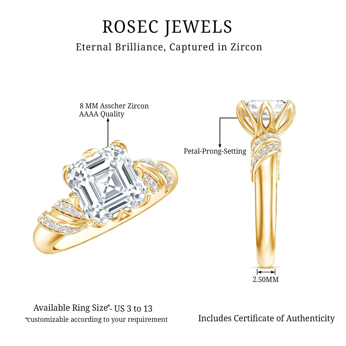3.5 CT Asscher Zircon Designer Solitaire Engagement Ring in Petal Prong Setting