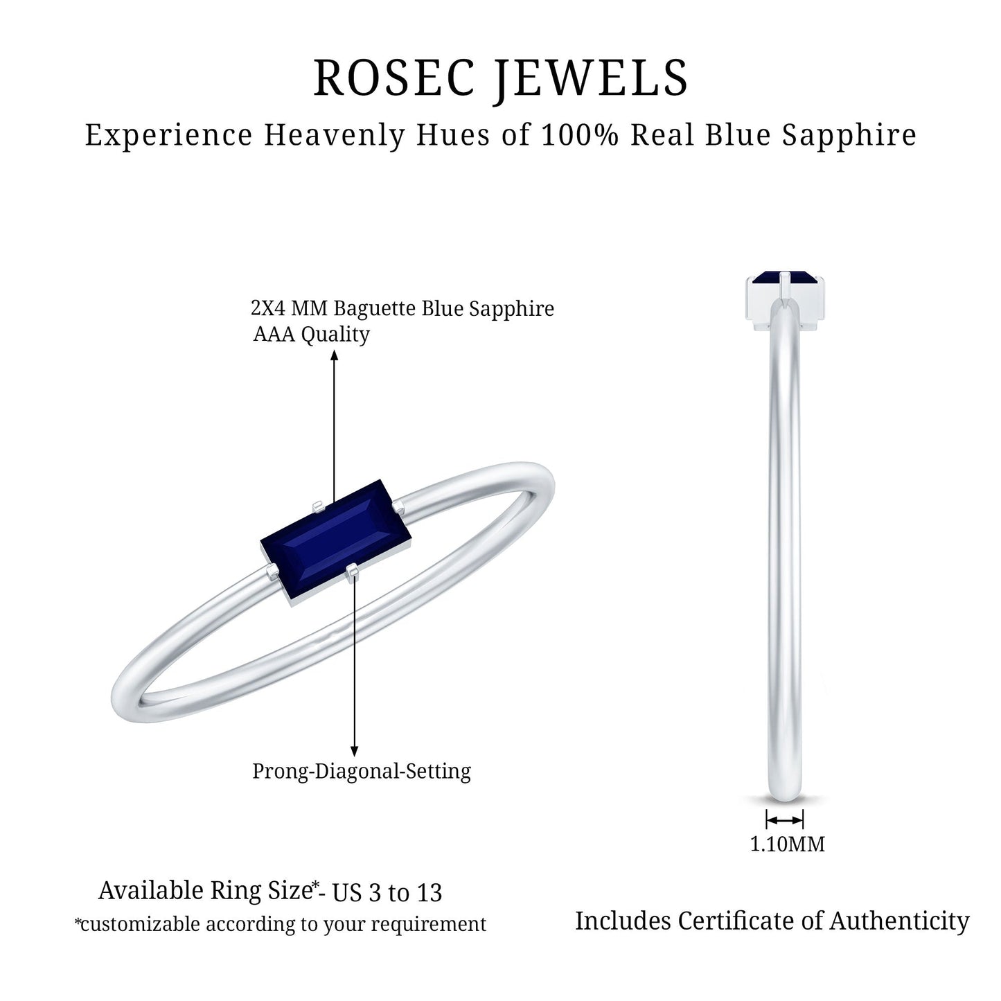 2.5X5 MM Baguette Cut Blue Sapphire Solitaire Ring in 4 Prong Diagonal Setting