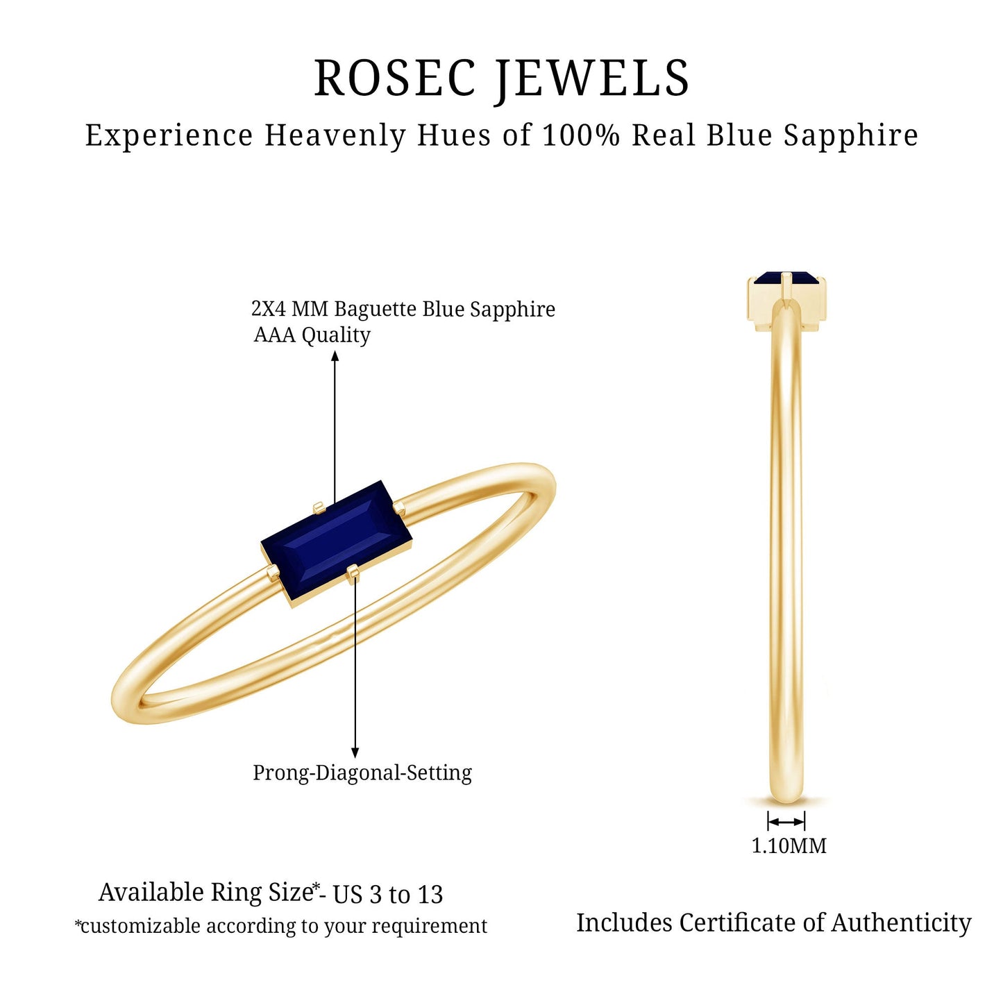 2.5X5 MM Baguette Cut Blue Sapphire Solitaire Ring in 4 Prong Diagonal Setting