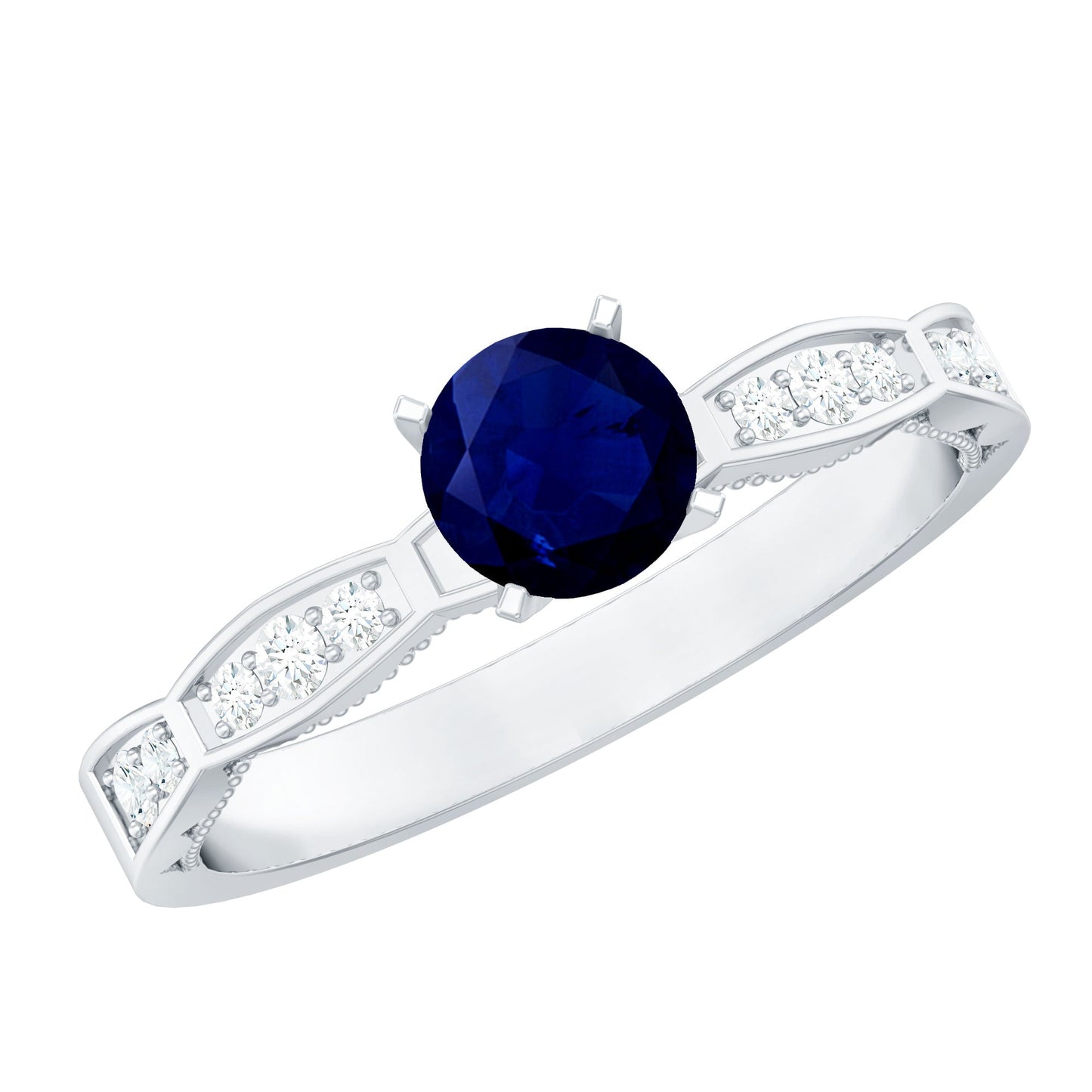 Blue Sapphire Solitaire Engagement Ring with Diamond Side Stones