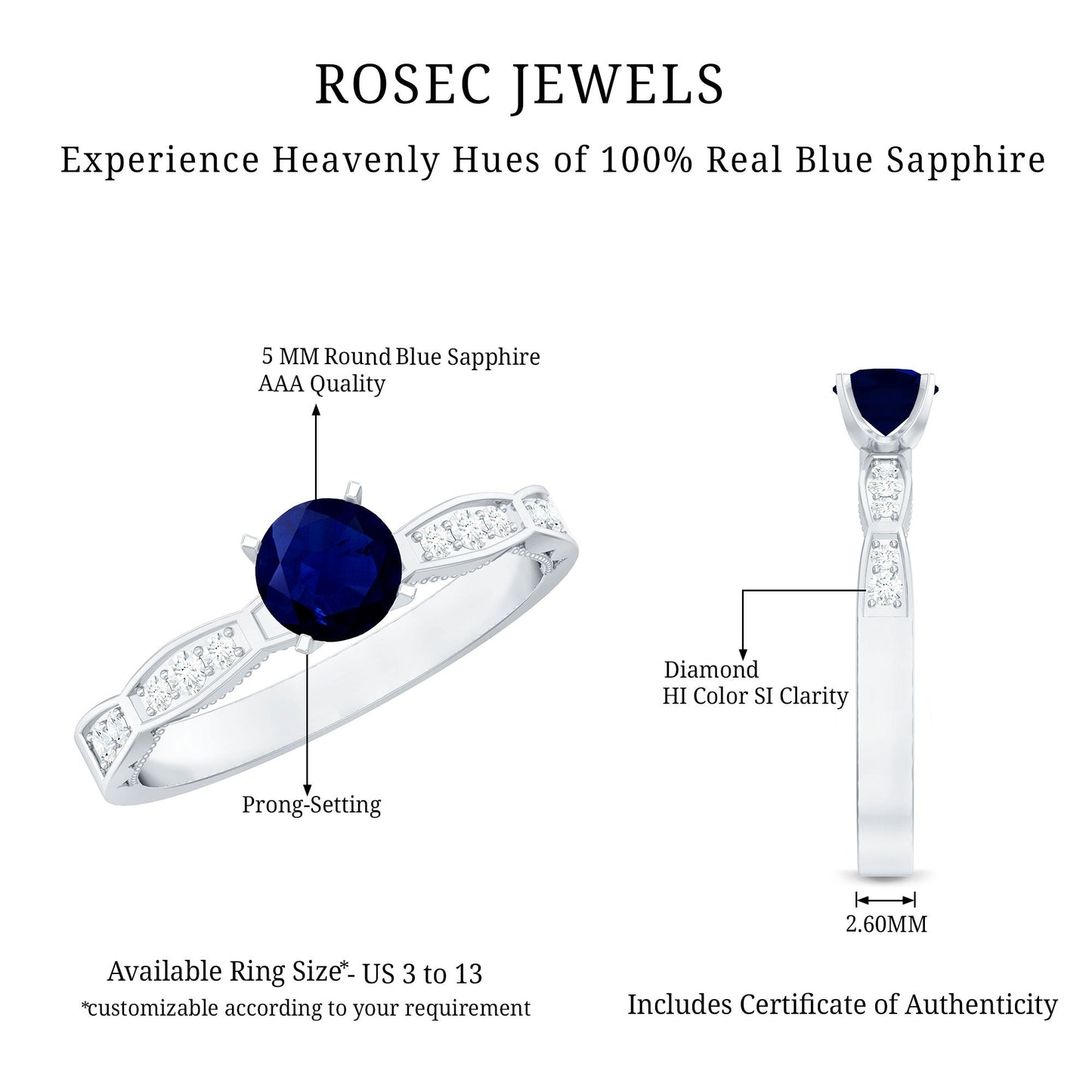 Blue Sapphire Solitaire Engagement Ring with Diamond Side Stones