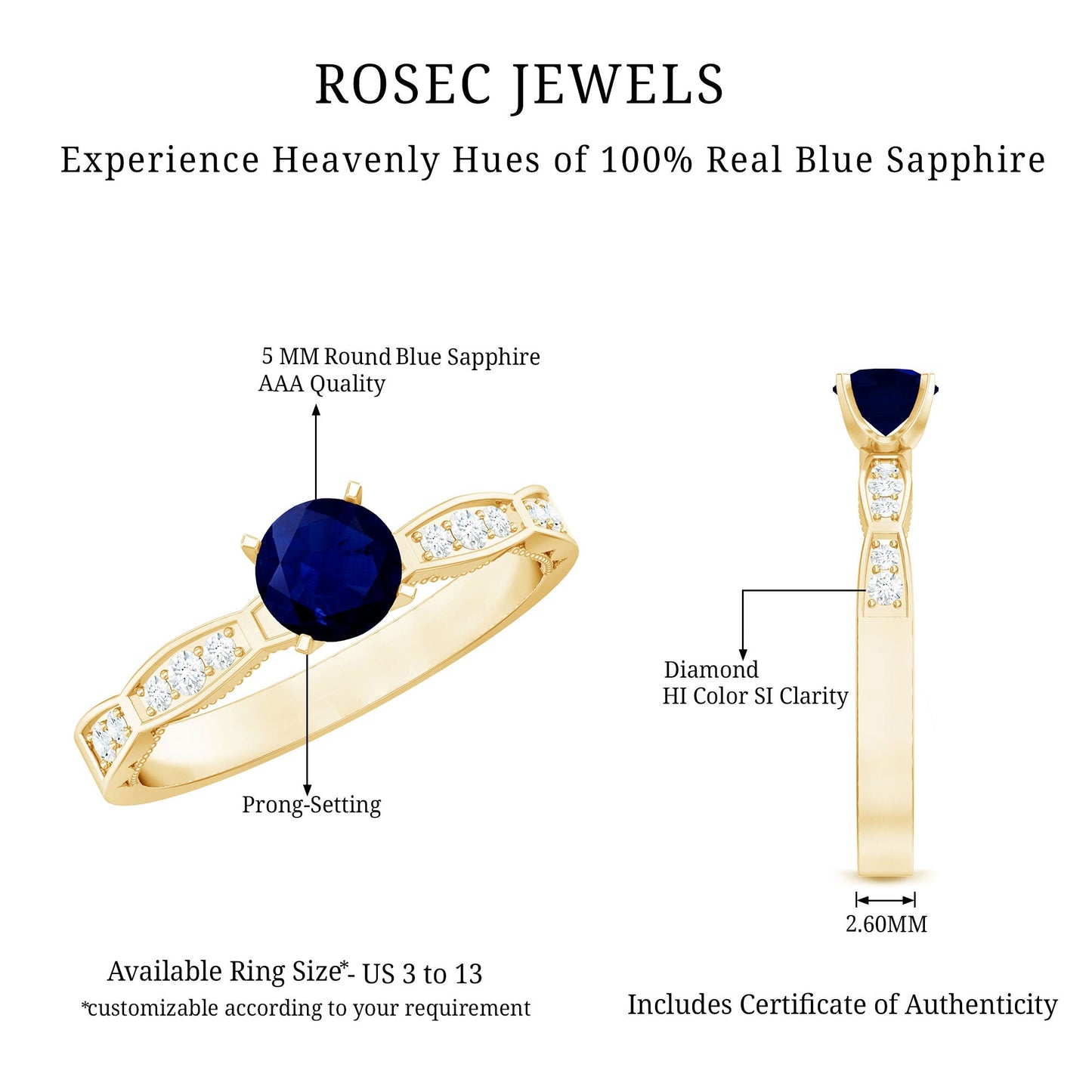 Blue Sapphire Solitaire Engagement Ring with Diamond Side Stones