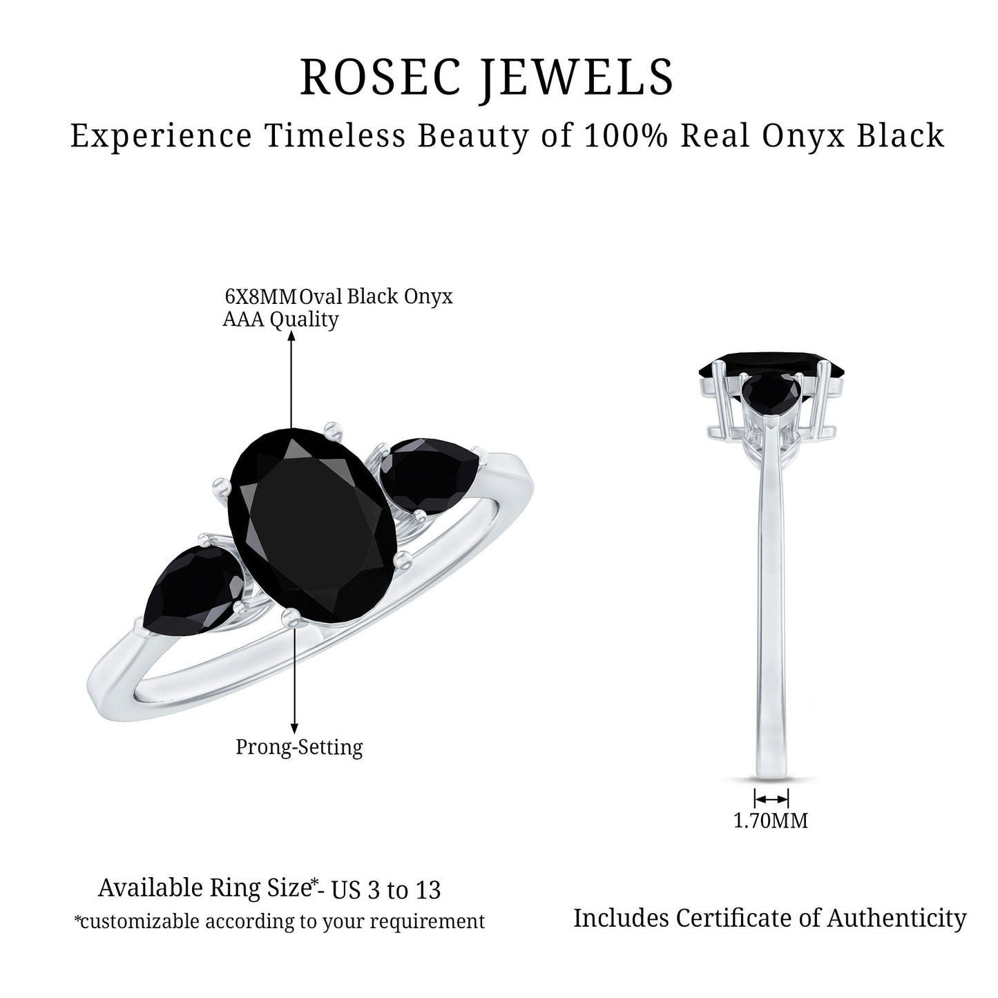 Natural Black Onyx Three Stone Engagement Ring