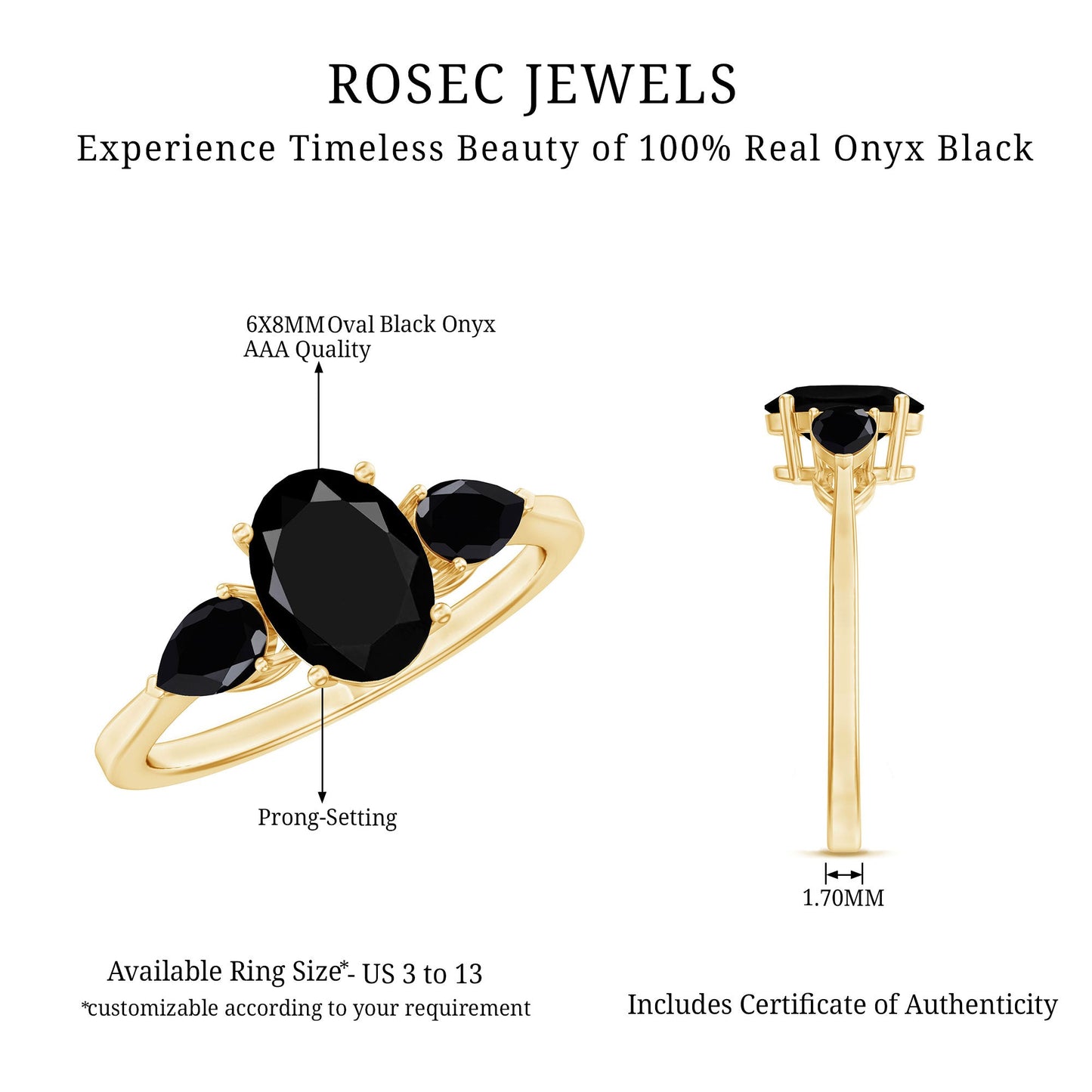 Natural Black Onyx Three Stone Engagement Ring