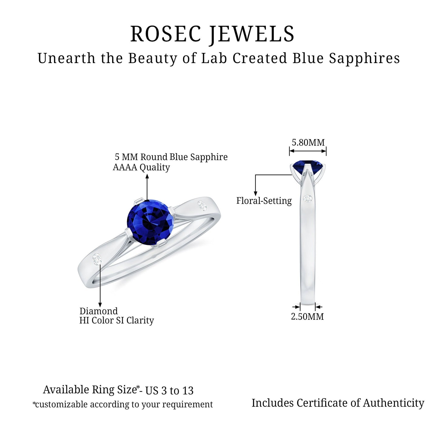 Certified 0.6 Carat Lab Grown Blue Sapphire Promise Ring with Diamond