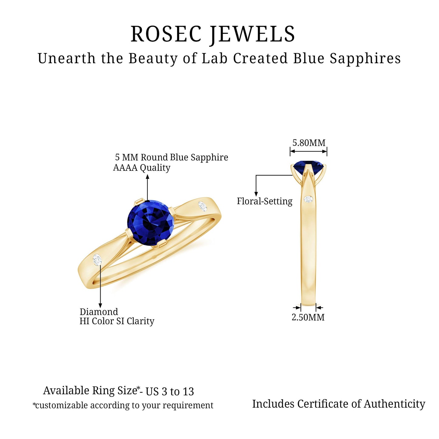 Certified 0.6 Carat Lab Grown Blue Sapphire Promise Ring with Diamond