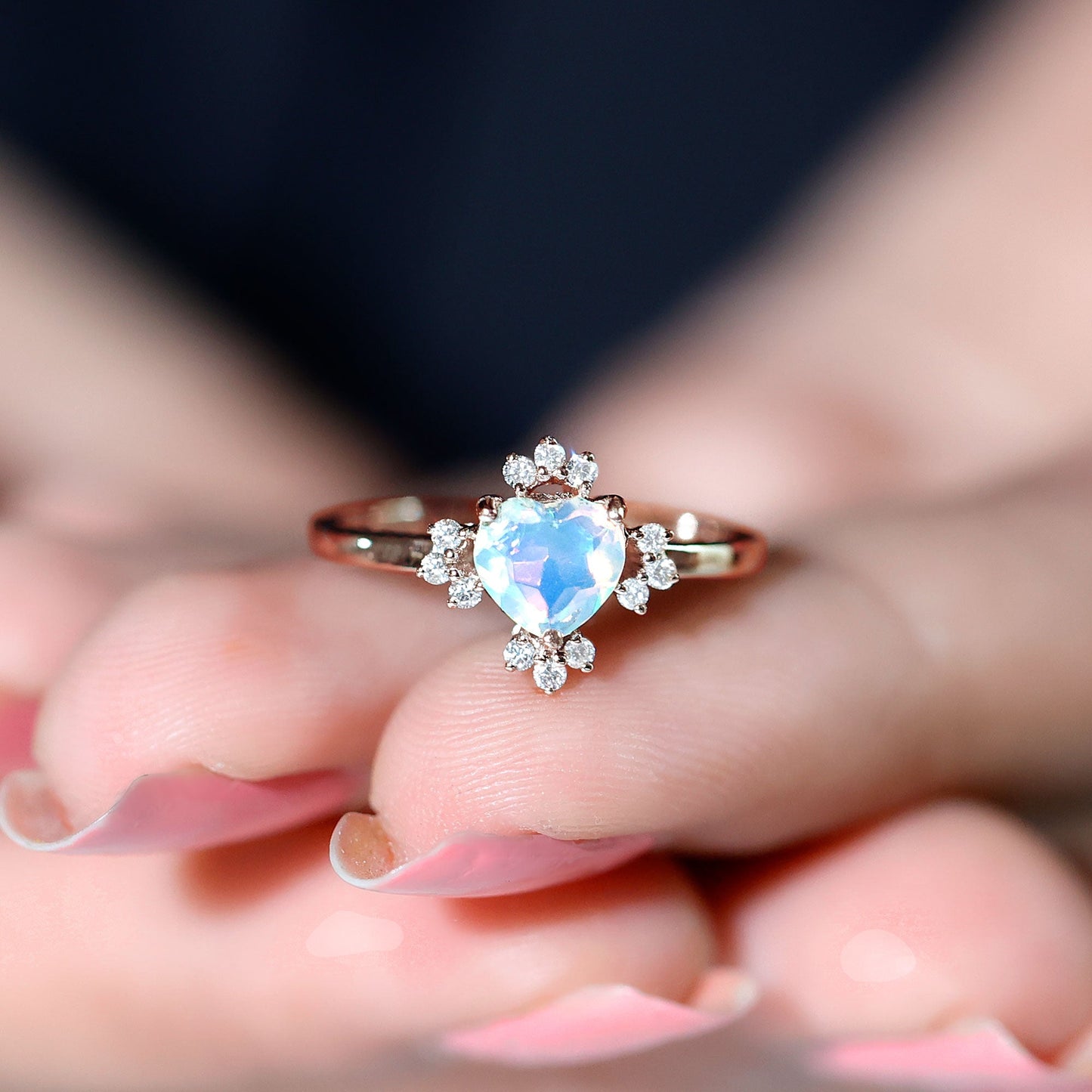 Natural 6mm Opalescent Heart Engagement Ring with Diamond