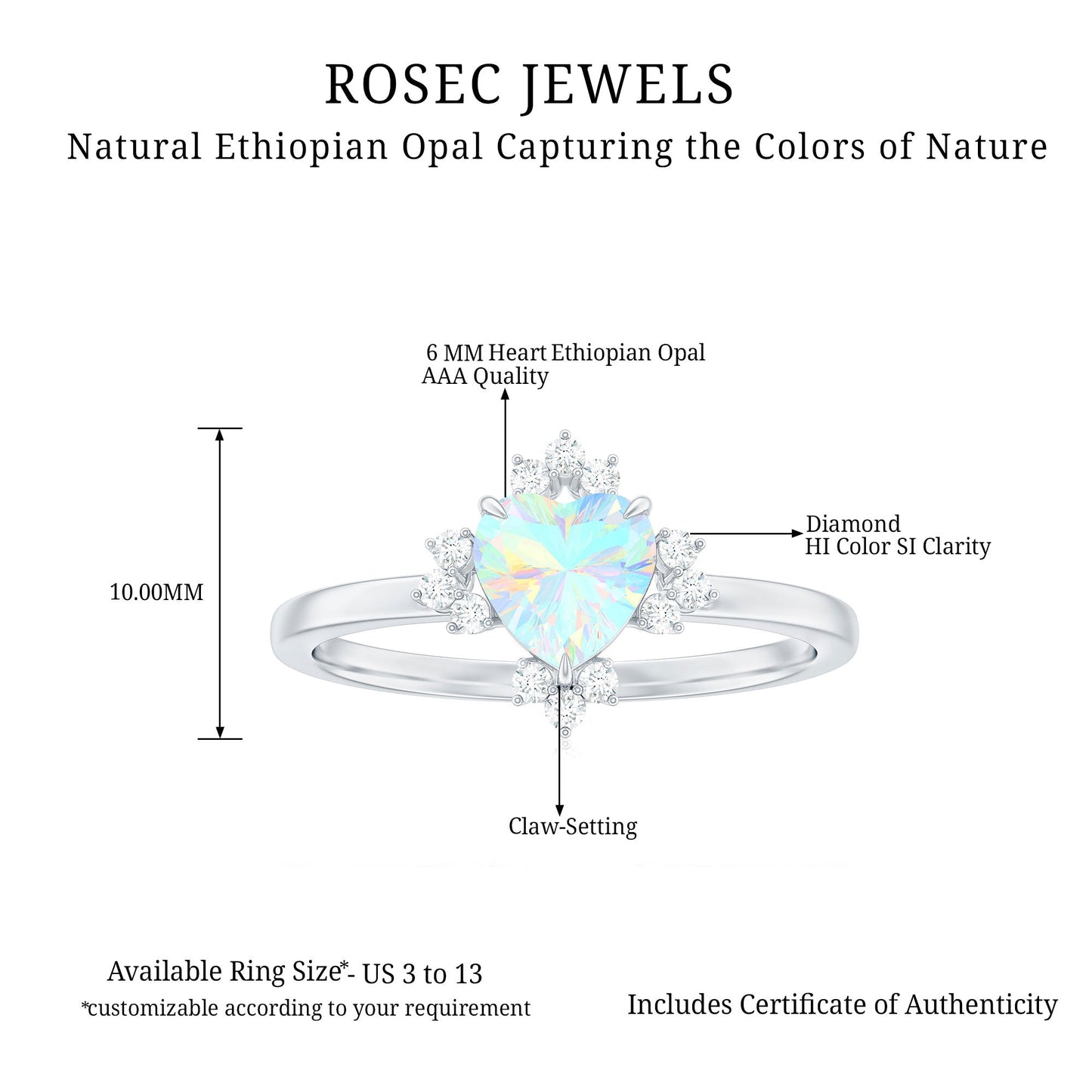 Natural 6mm Opalescent Heart Engagement Ring with Diamond
