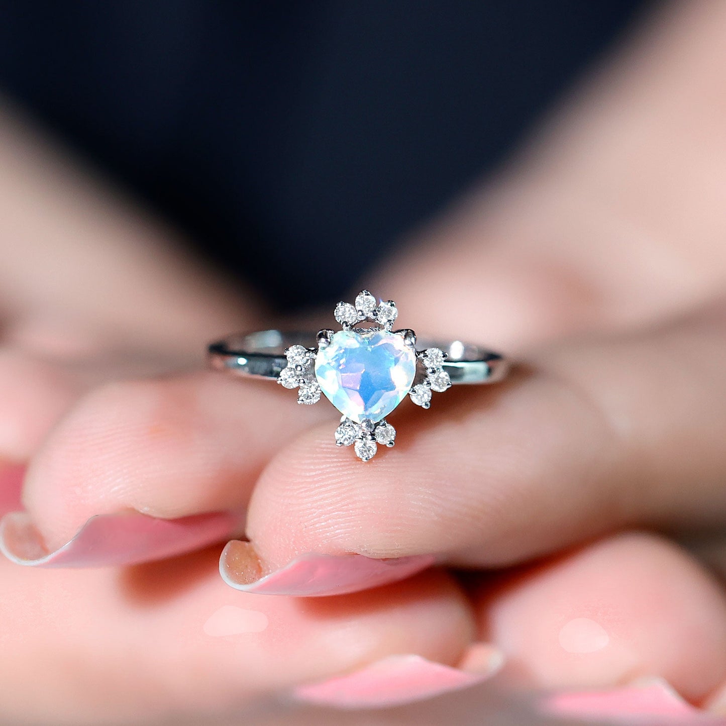 Natural 6mm Opalescent Heart Engagement Ring with Diamond