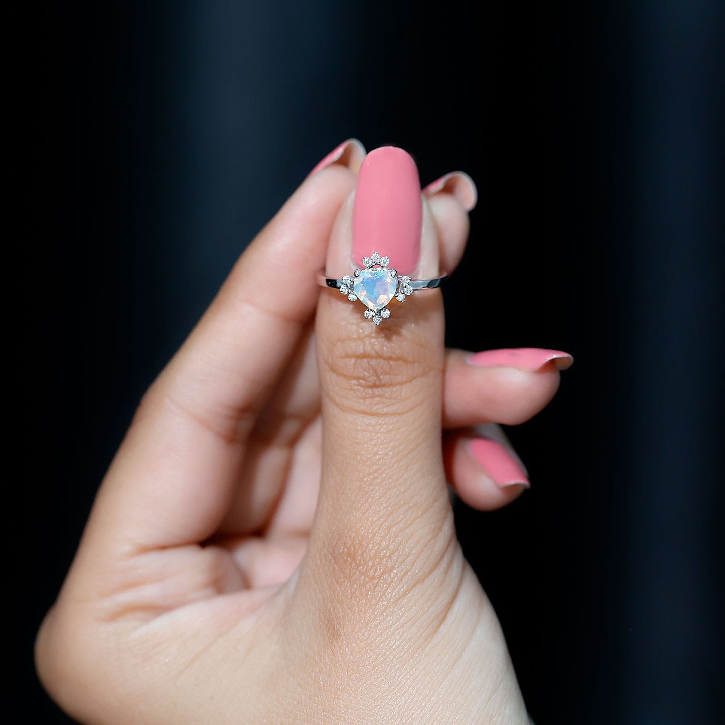 Natural 6mm Opalescent Heart Engagement Ring with Diamond