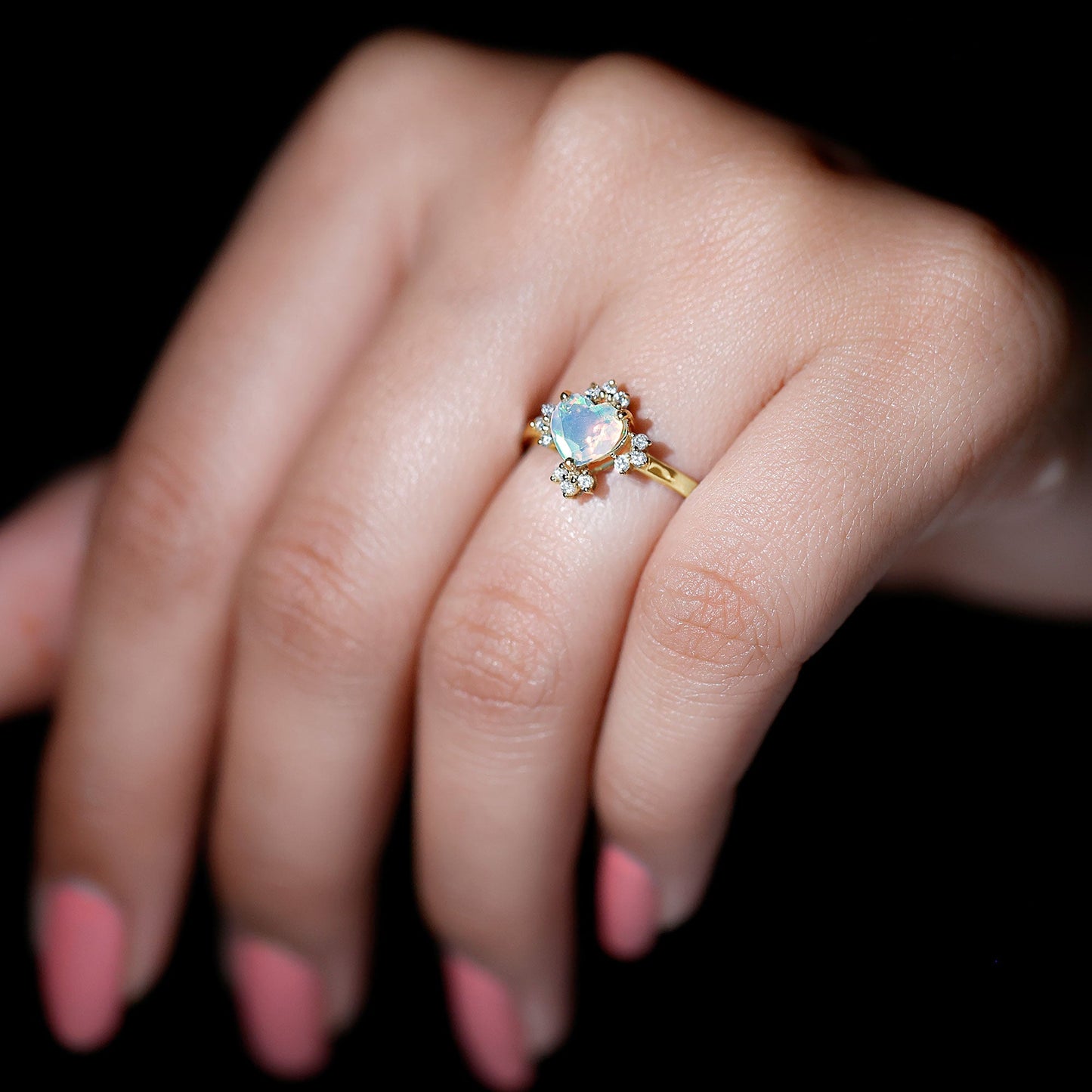 Natural 6mm Opalescent Heart Engagement Ring with Diamond