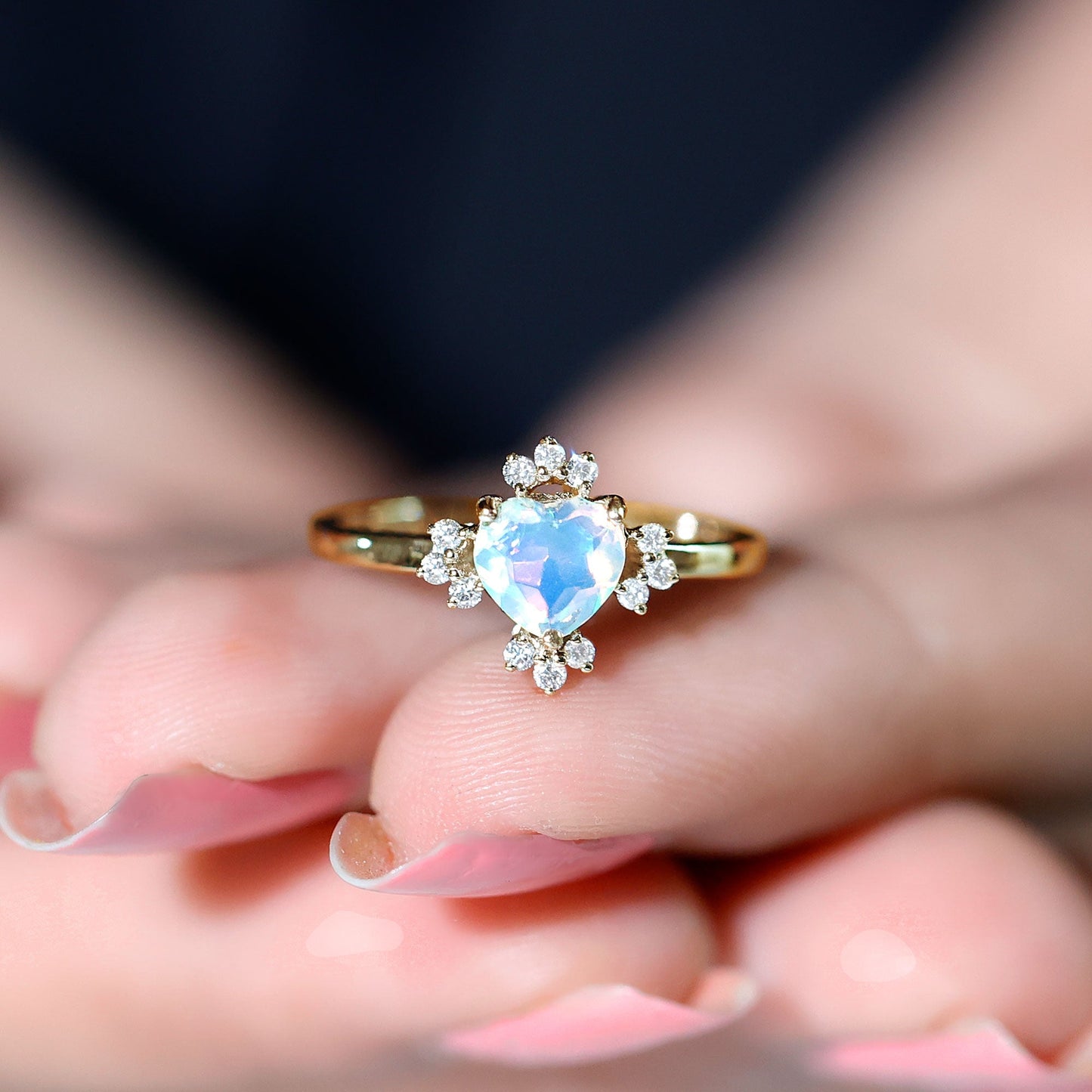 Natural 6mm Opalescent Heart Engagement Ring with Diamond