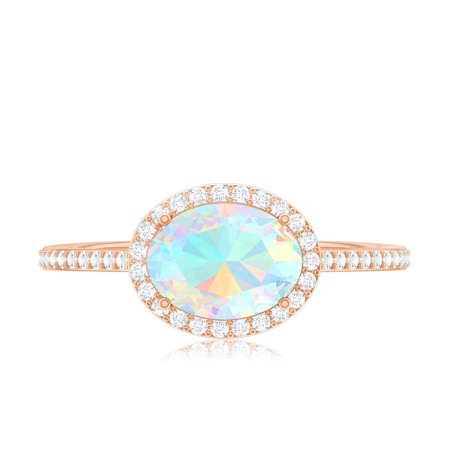 Genuine 6X8mm Oval Opalescent East West Engagement Ring with Diamond Halo