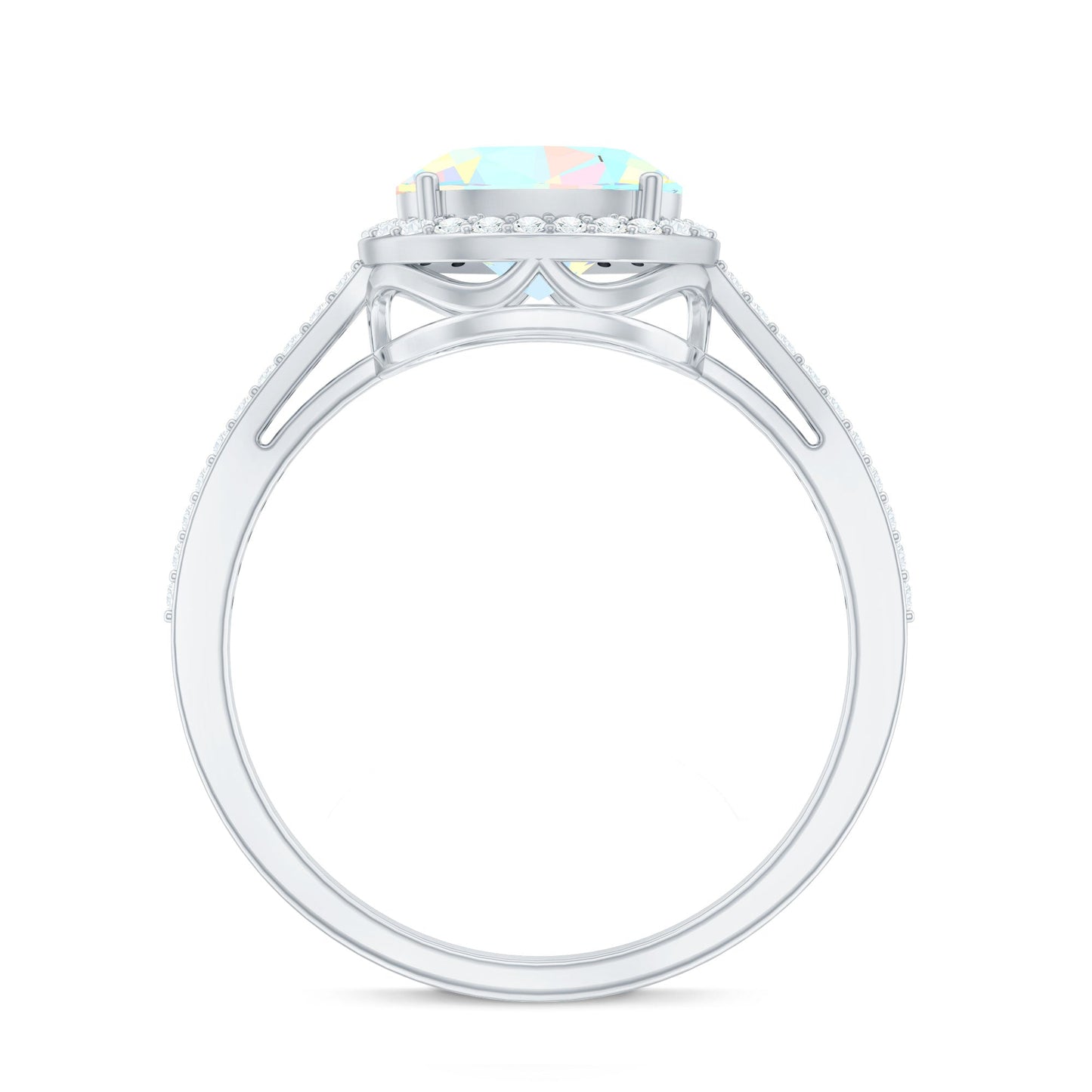 Genuine 6X8mm Oval Opalescent East West Engagement Ring with Diamond Halo