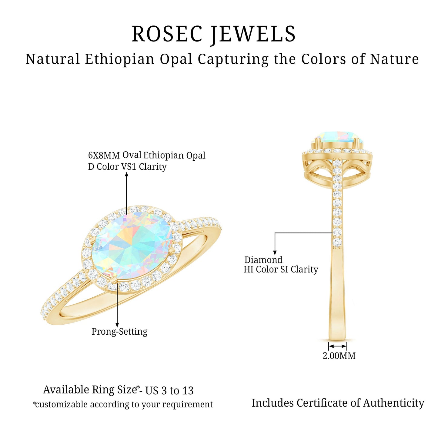 Genuine 6X8mm Oval Opalescent East West Engagement Ring with Diamond Halo